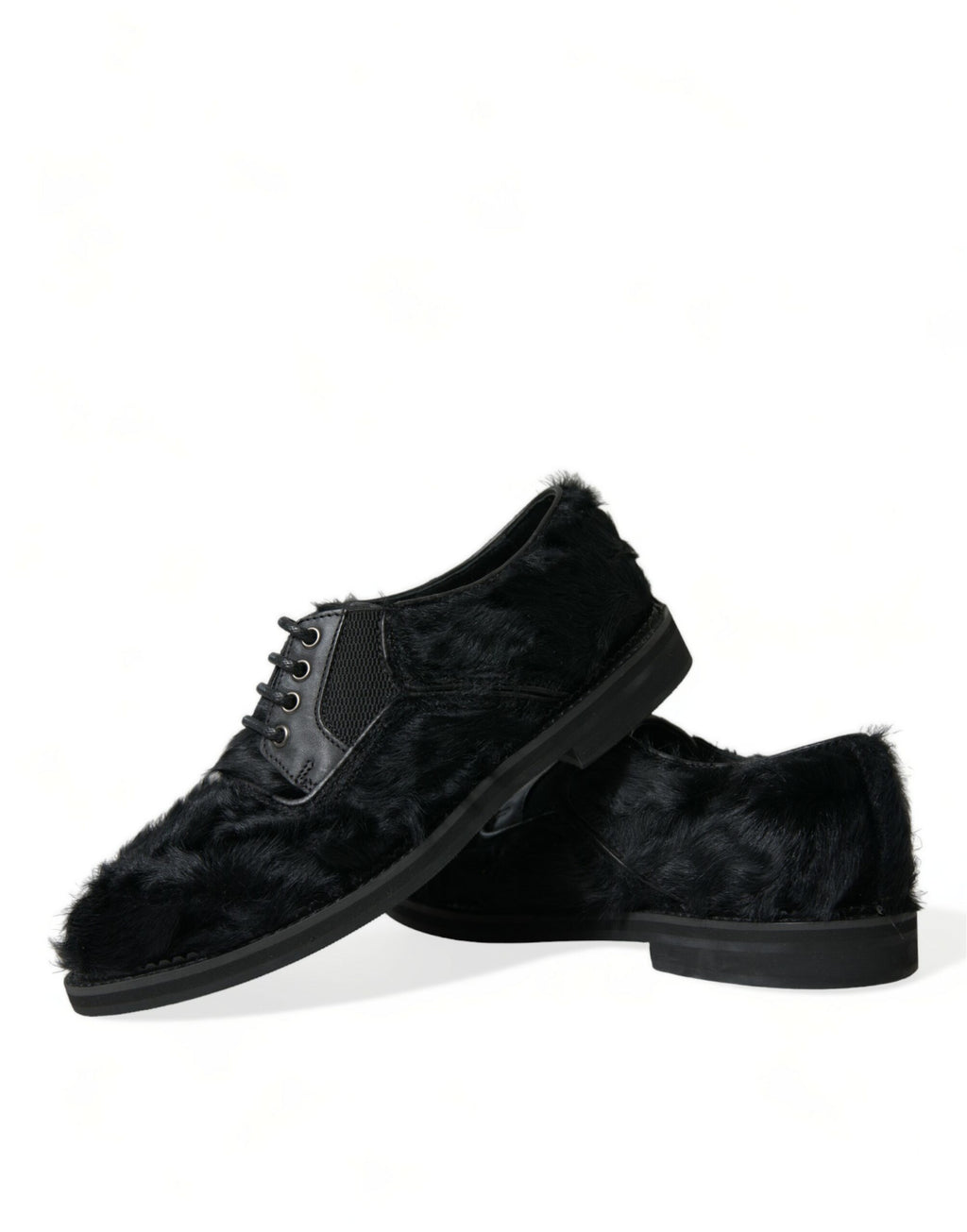 Chaussures derby Dolce & Gabbana en cuir noir et fourrure, lacets, style élégant pour homme.