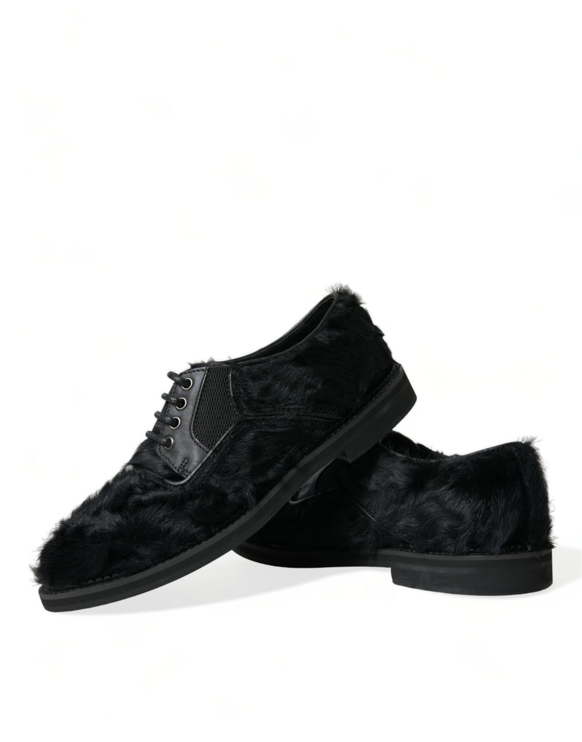 Chaussures derby Dolce & Gabbana en cuir noir et fourrure, lacets, style élégant pour homme.