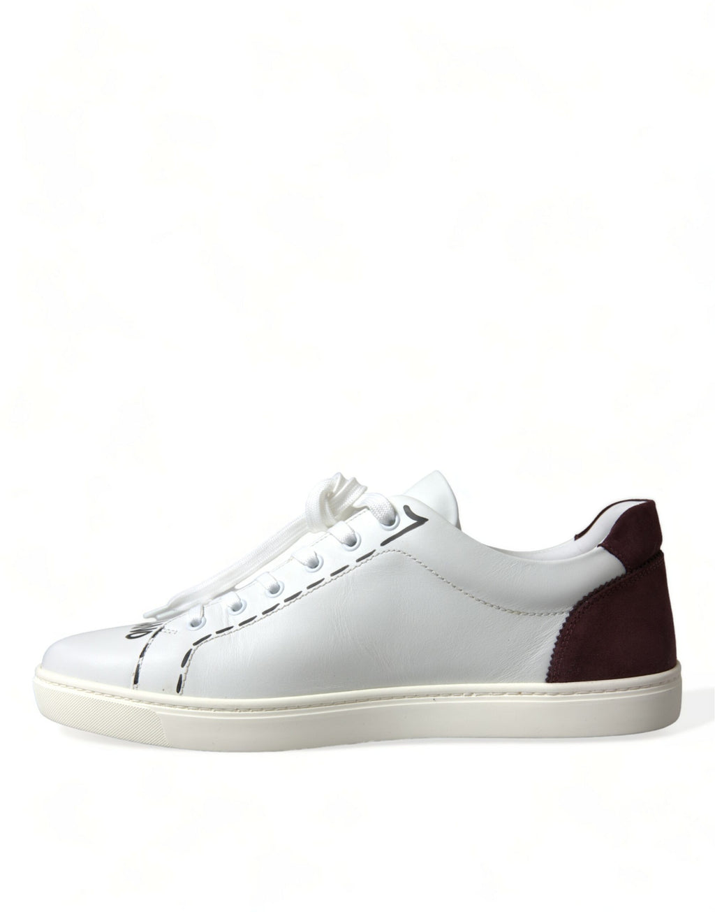 Chaussures sneakers basses blanches Dolce & Gabbana Bordeaux en cuir avec logo, vue de face.
