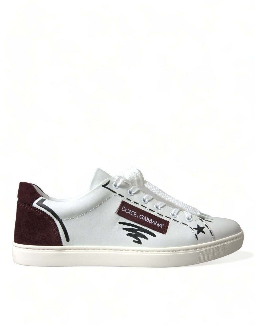 Chaussures sneakers basses blanches en cuir Bordeaux avec logo Dolce & Gabbana, style élégant et moderne.