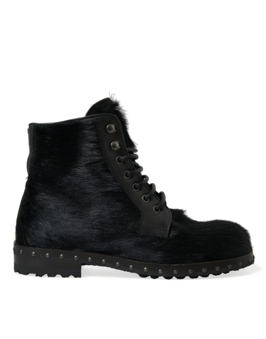 Bottes mi-mollet en cuir noir avec style pony, chaussures Dolce & Gabbana, finition élégante et texture lisse.
