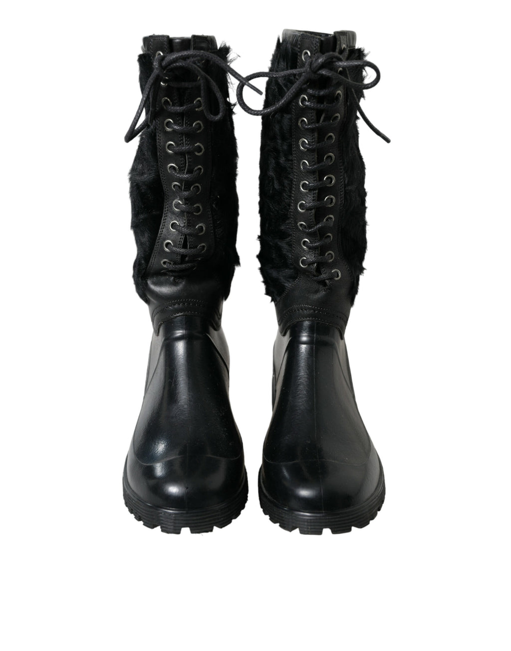 Bottes de pluie en caoutchouc noir Dolce & Gabbana avec lacets et doublure en shearling, chaussures élégantes et imperméables