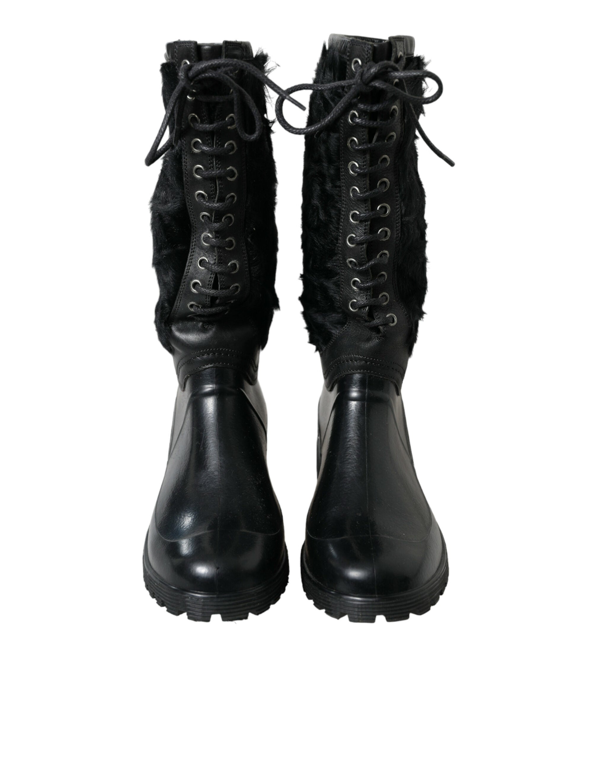 Bottes de pluie en caoutchouc noir Dolce & Gabbana avec lacets et doublure en shearling, chaussures élégantes et imperméables