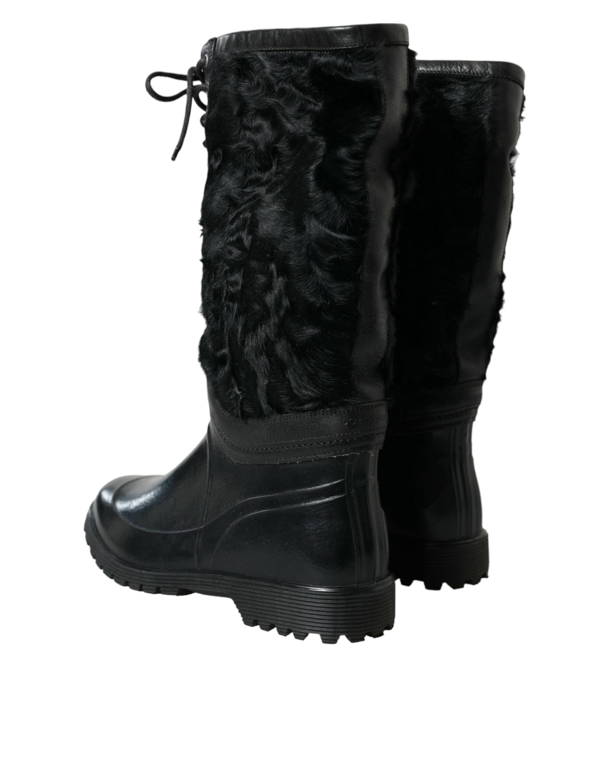 Bottes de pluie en caoutchouc noir Dolce & Gabbana avec lacets et doublure en shearling, chaussures imperméables élégantes.