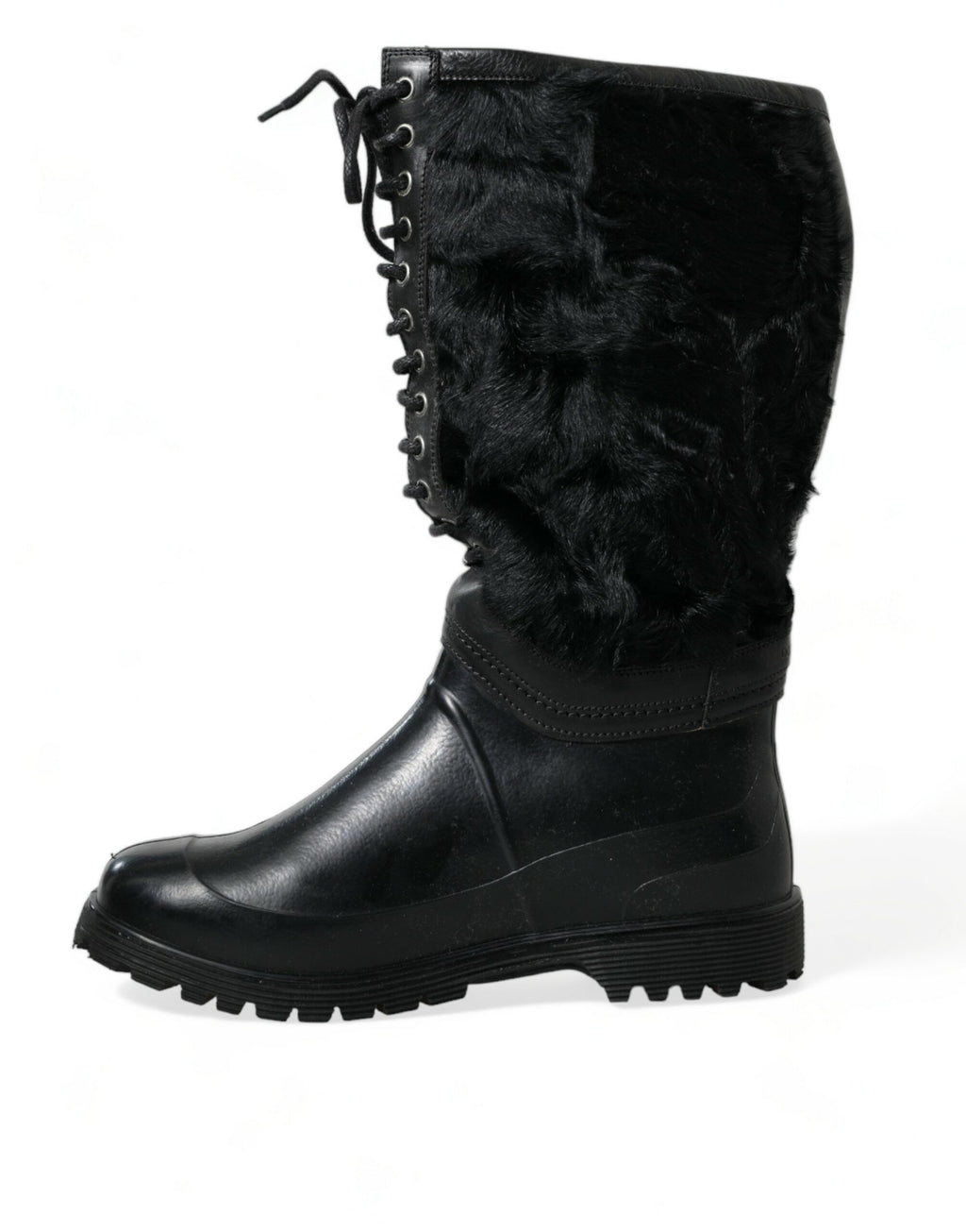 Bottes de pluie en caoutchouc noir Dolce & Gabbana avec lacets et doublure en shearling, chaussures élégantes et imperméables.