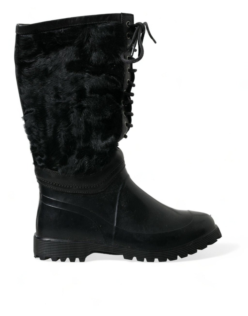 Bottes de pluie en caoutchouc noir Dolce & Gabbana avec lacets et doublure en shearling, chaussures élégantes et imperméables.