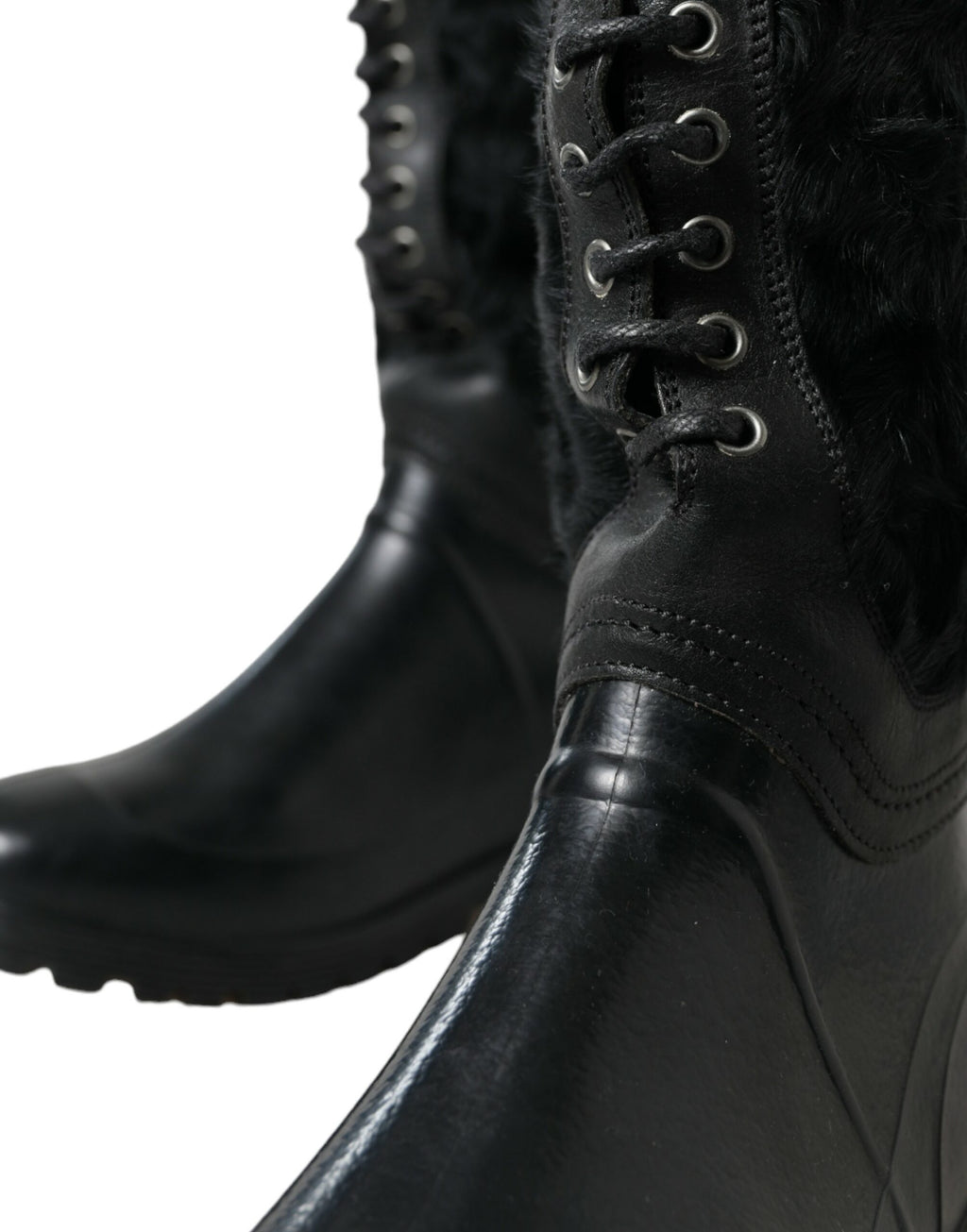Bottes de pluie noires en caoutchouc avec lacets et fourrure synthétique, chaussures Dolce & Gabbana pour femme
