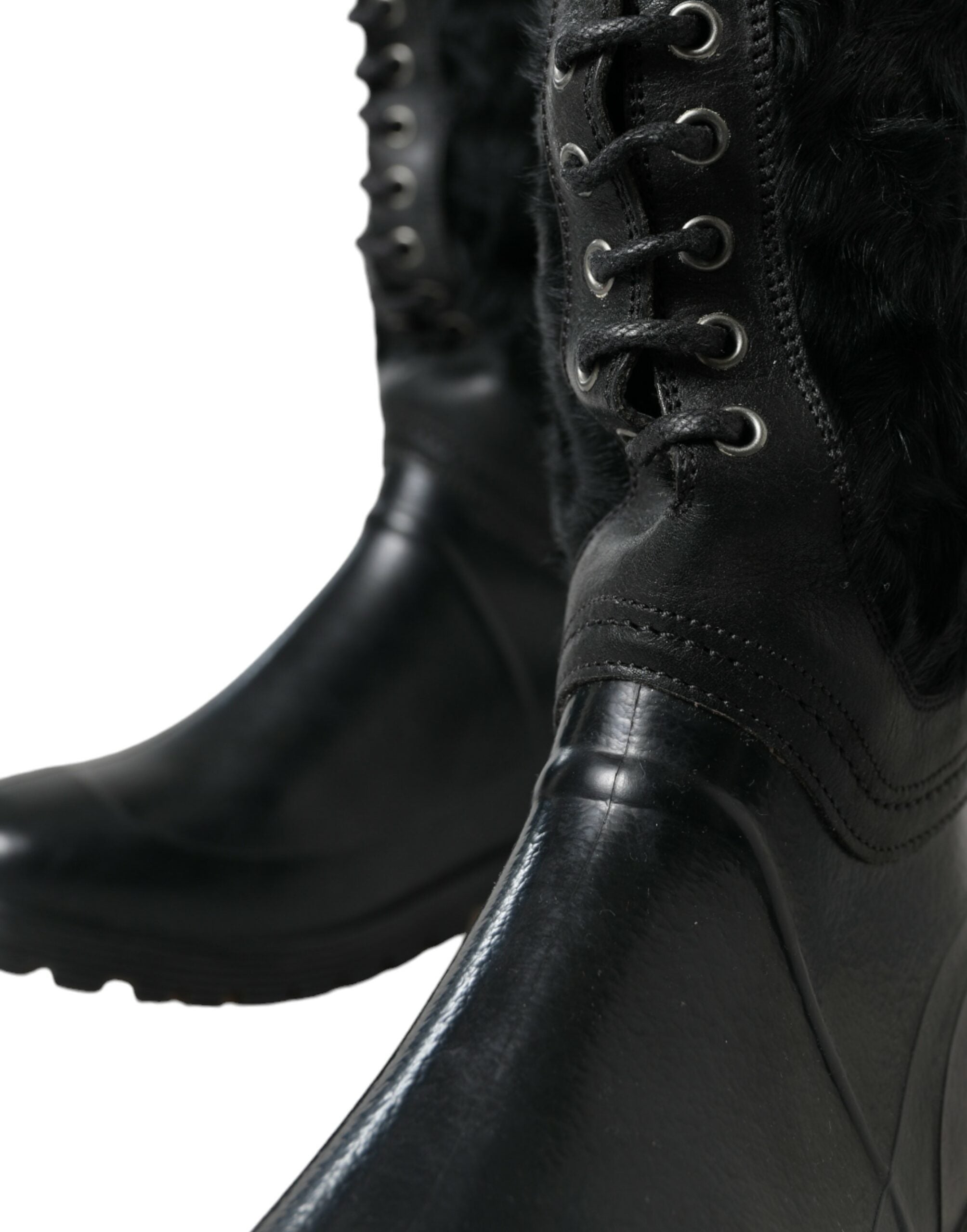 Bottes de pluie noires en caoutchouc avec lacets et fourrure synthétique, chaussures Dolce & Gabbana pour femme
