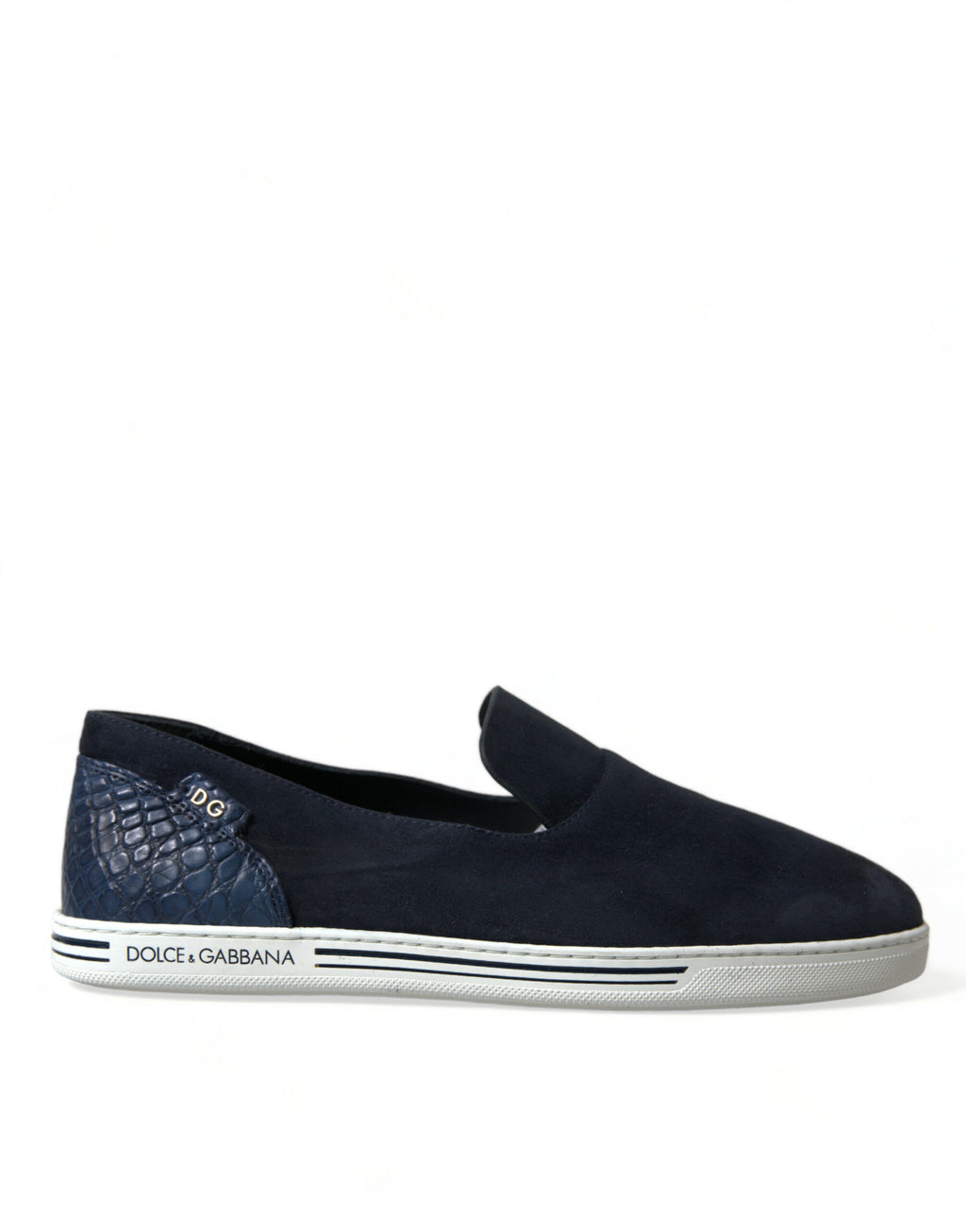 Chaussures Dolce & Gabbana Saint Tropez en daim bleu et cuir de caïman, mocassins élégants pour hommes.