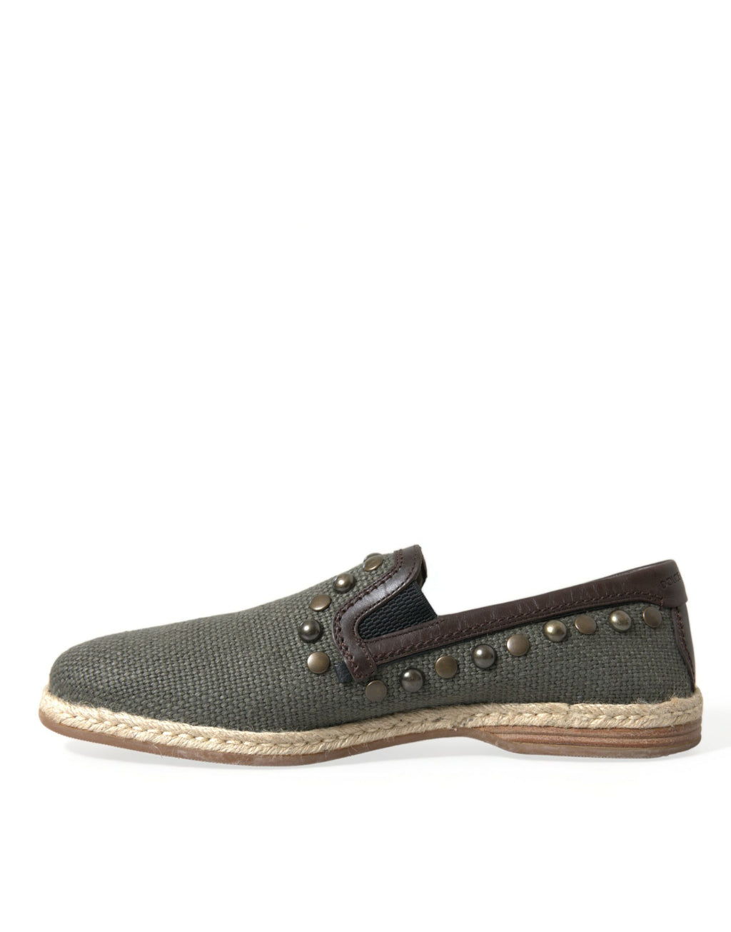 Chaussures mocassins en lin gris et cuir Dolce & Gabbana avec clous, vue de face.