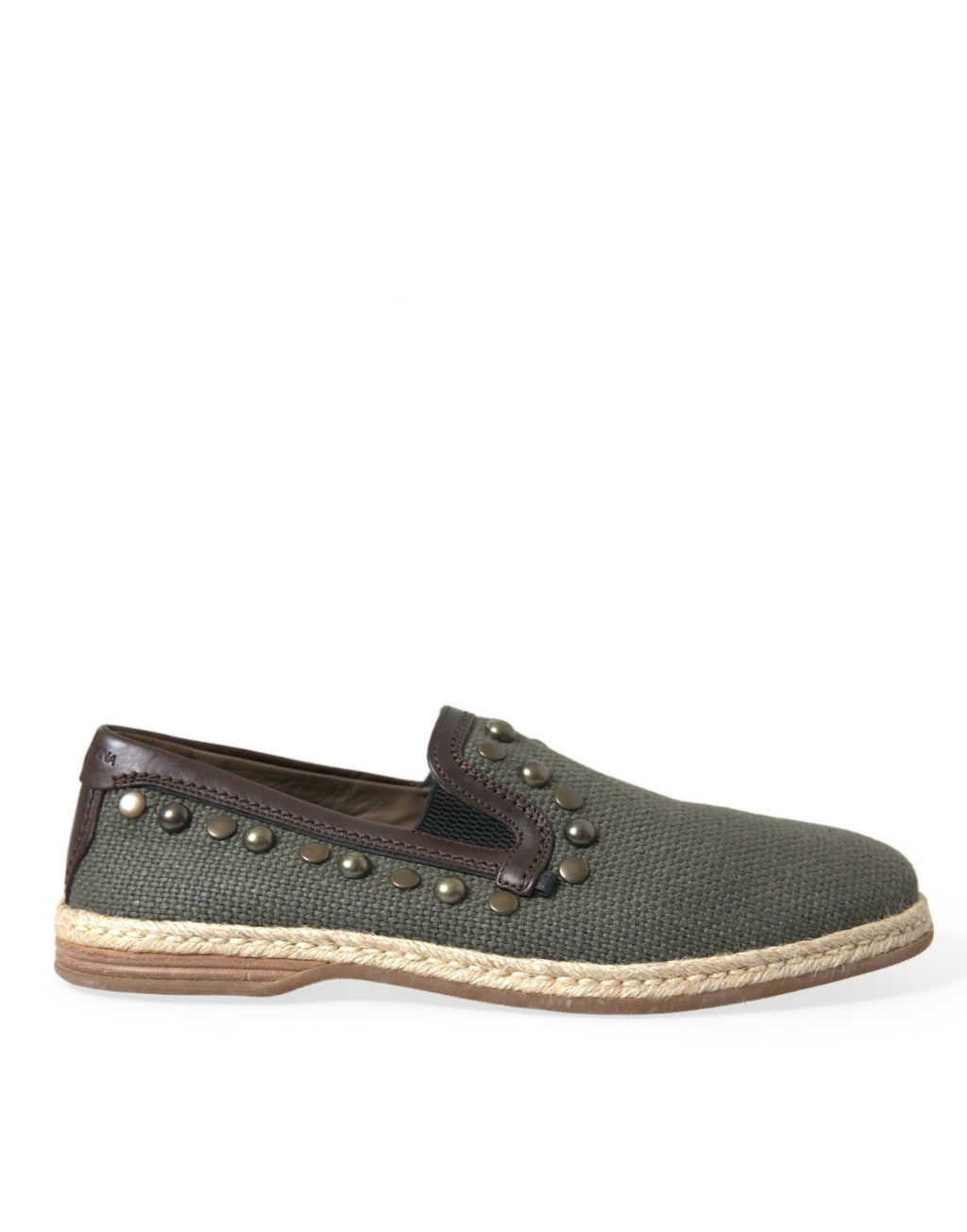 Chaussures mocassins en lin gris Dolce & Gabbana avec détails en cuir et clous, élégantes et sophistiquées.
