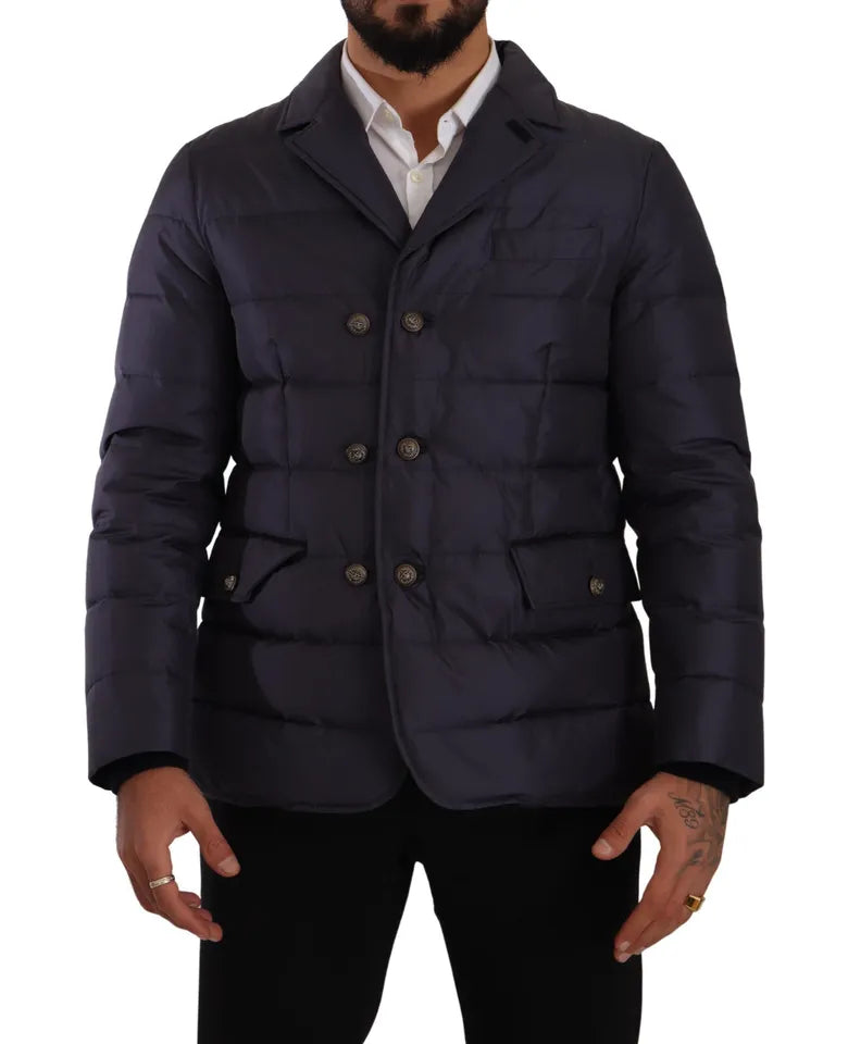Blouson d'hiver en soie bleue de Dolce & Gabbana, manteau chaud en laine et coton avec col montant et fermeture éclair.