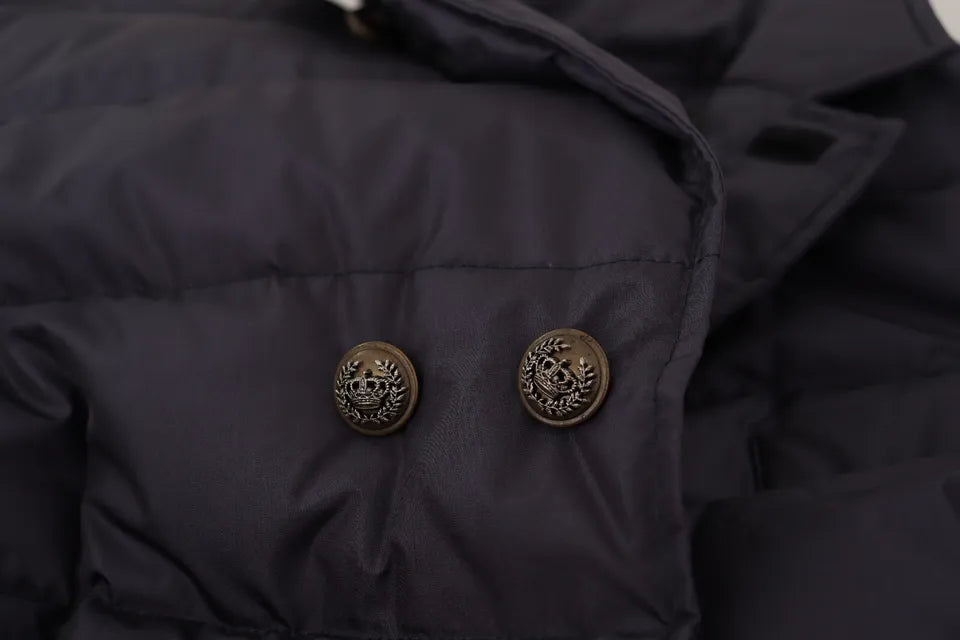 Manteau en soie bleue Dolce & Gabbana pour l'hiver, coupe blouson en laine de chèvre, style élégant et chaud.