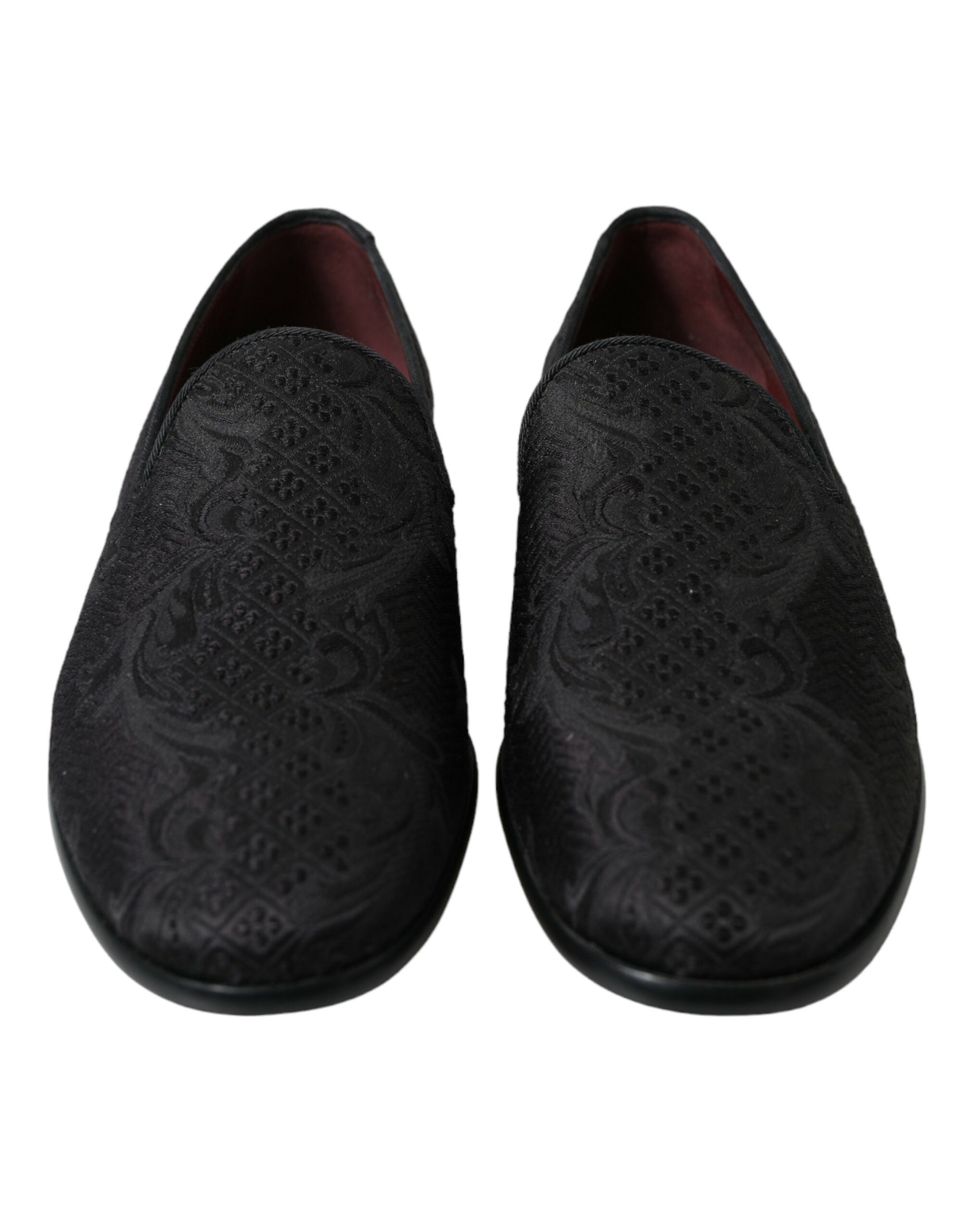 Chaussures homme Dolce & Gabbana en brocart noir, mocassins slip-on élégants pour occasion formelle.