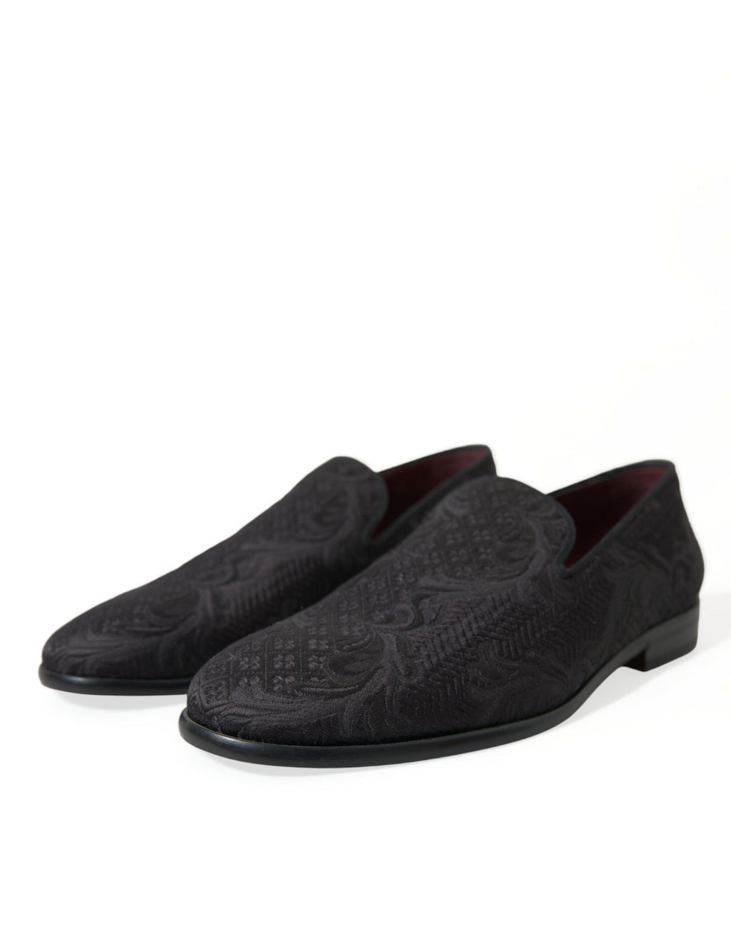 Chaussures hommes Dolce & Gabbana en brocart noir, slippers élégants à enfiler pour un style sophistiqué.