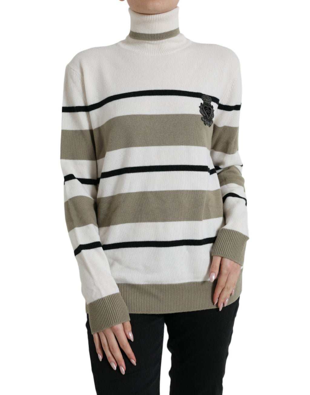 Pull à manches longues Dolce & Gabbana en laine à rayures multicolores avec logo, mode élégante et colorée.