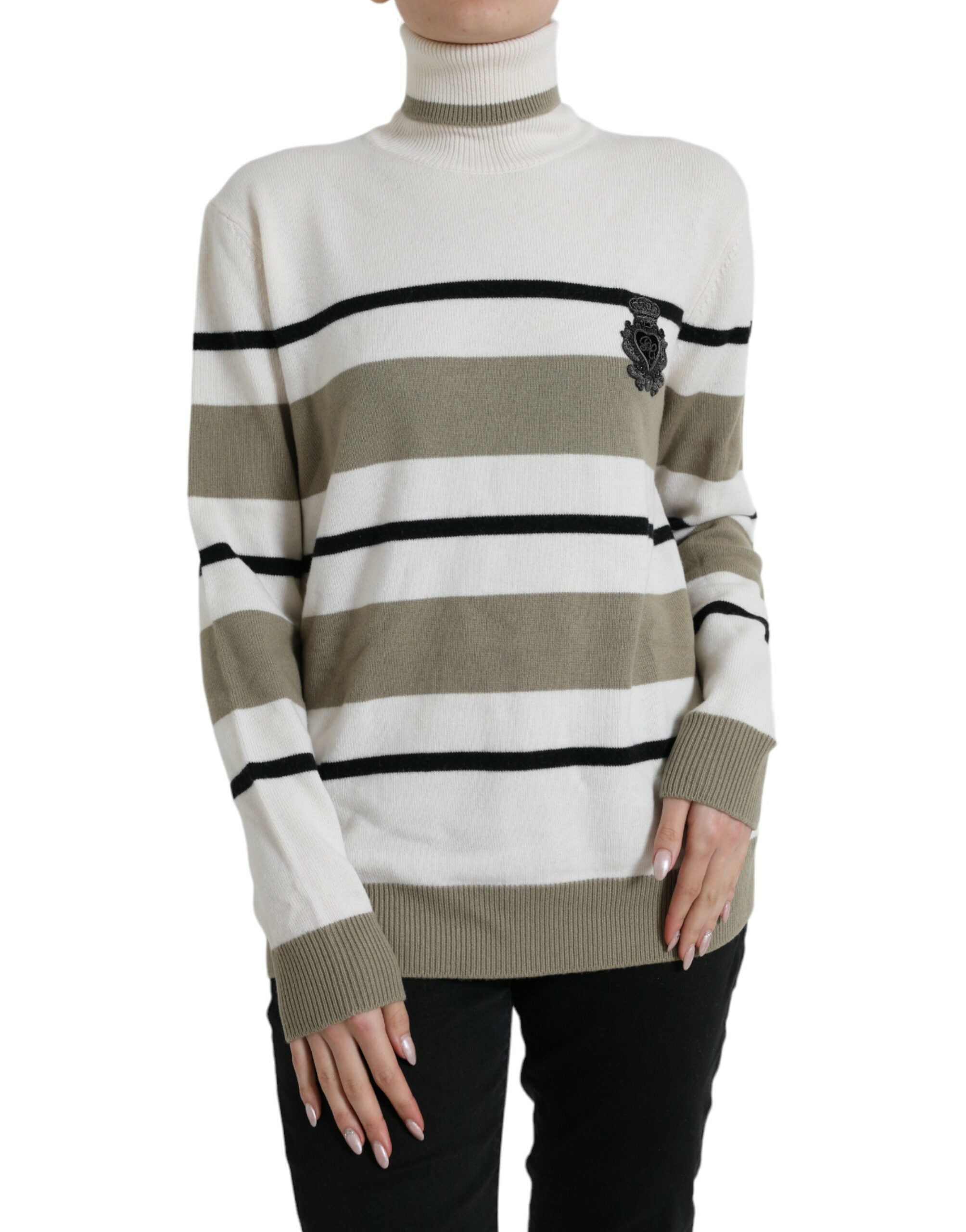 Pull à manches longues Dolce & Gabbana en laine à rayures multicolores avec logo, mode élégante et colorée.