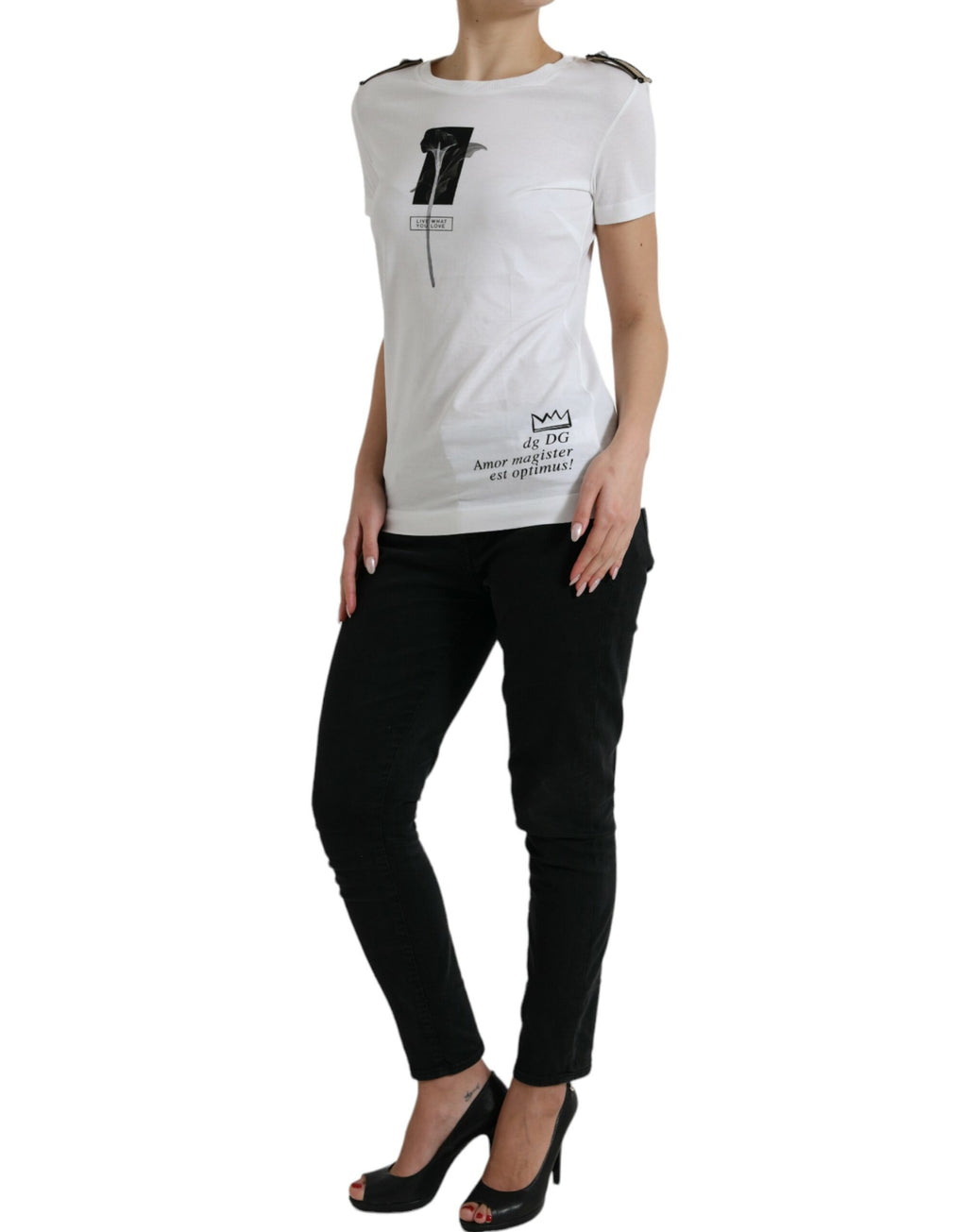 T-shirt en coton Dolce & Gabbana blanc et noir avec motif de roses sur le col rond, style décontracté et élégant.
