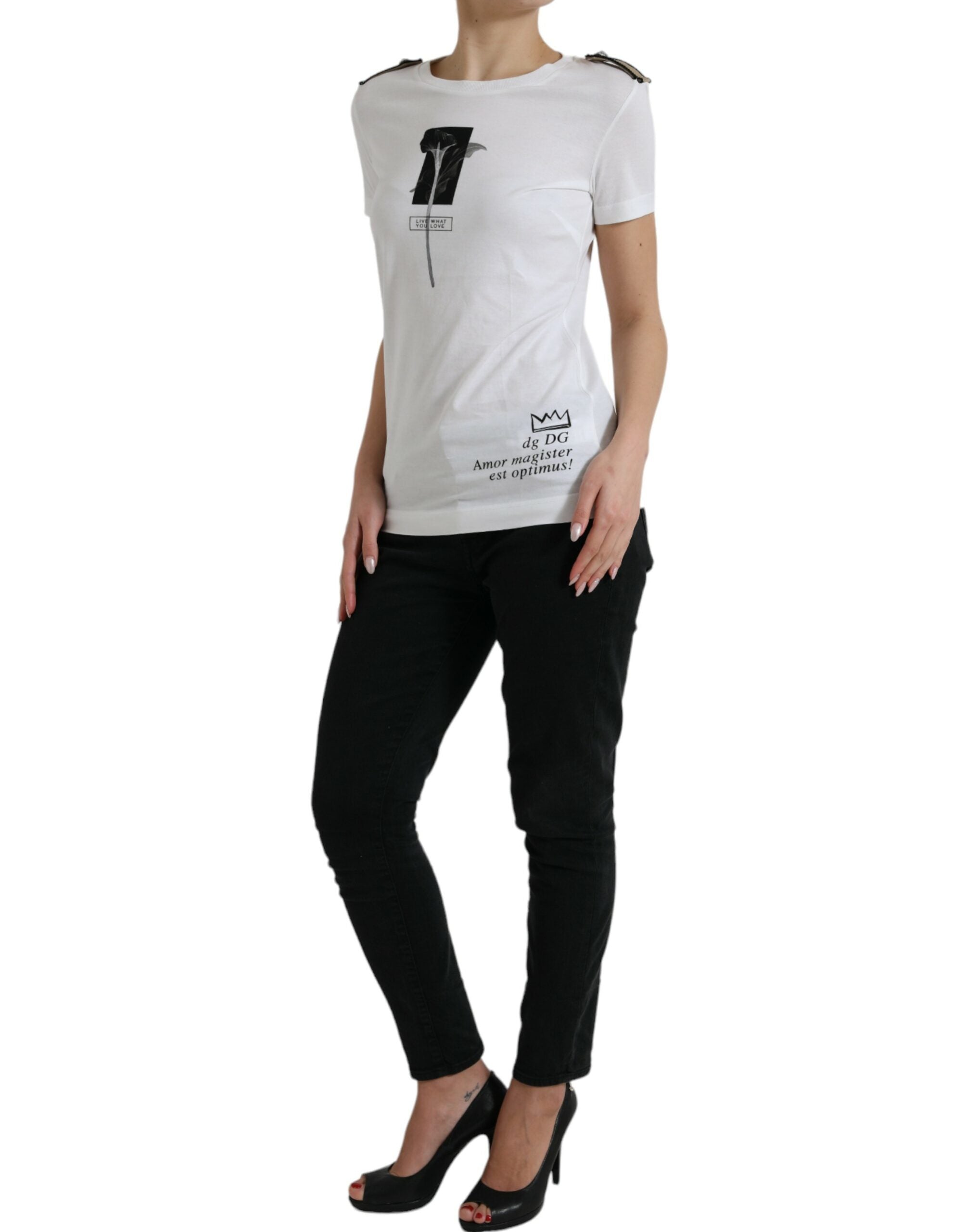 T-shirt en coton Dolce & Gabbana blanc et noir avec motif de roses sur le col rond, style décontracté et élégant.