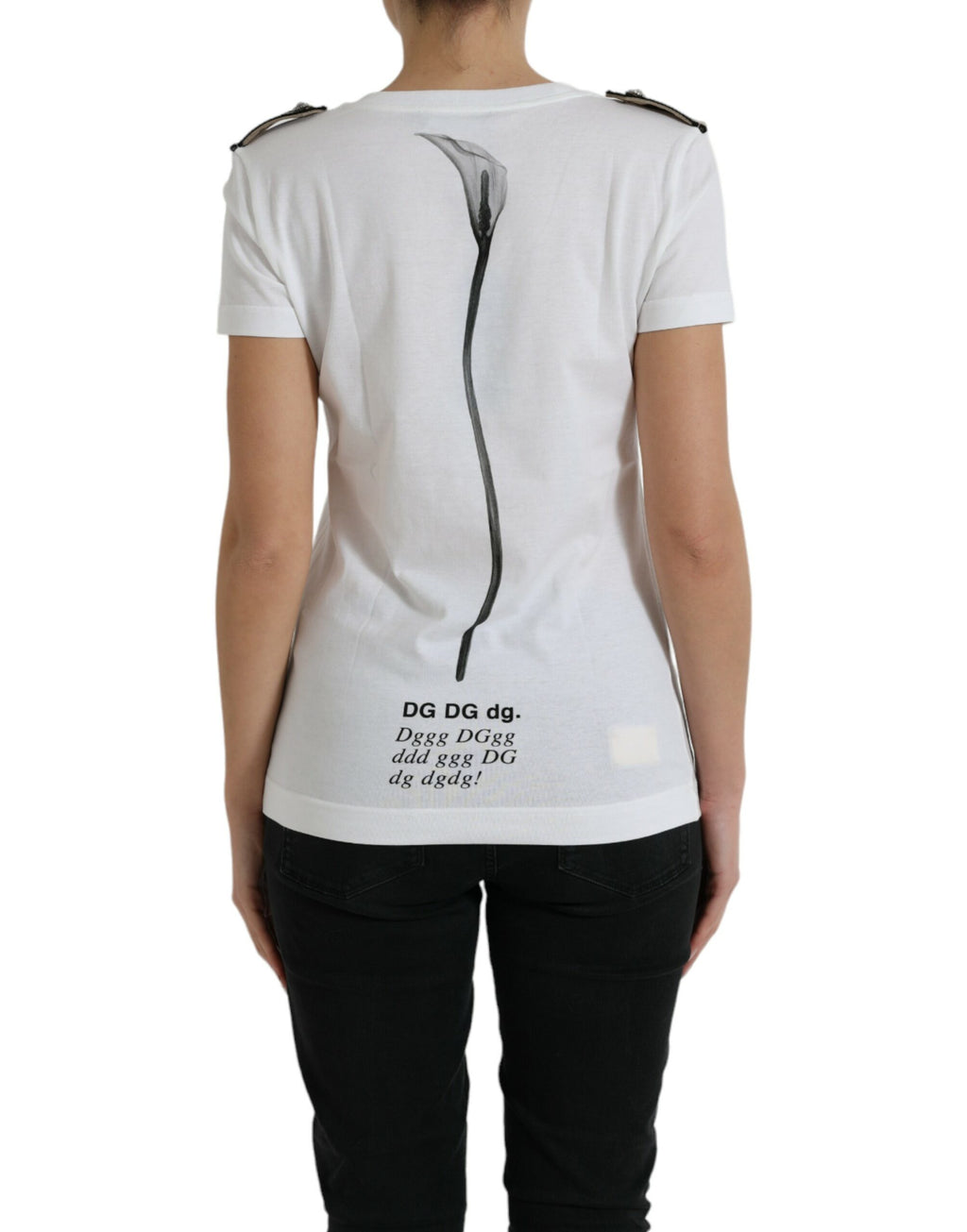 T-shirt en coton blanc et noir avec roses, style crewneck, de la marque Dolce & Gabbana, visible en détail.