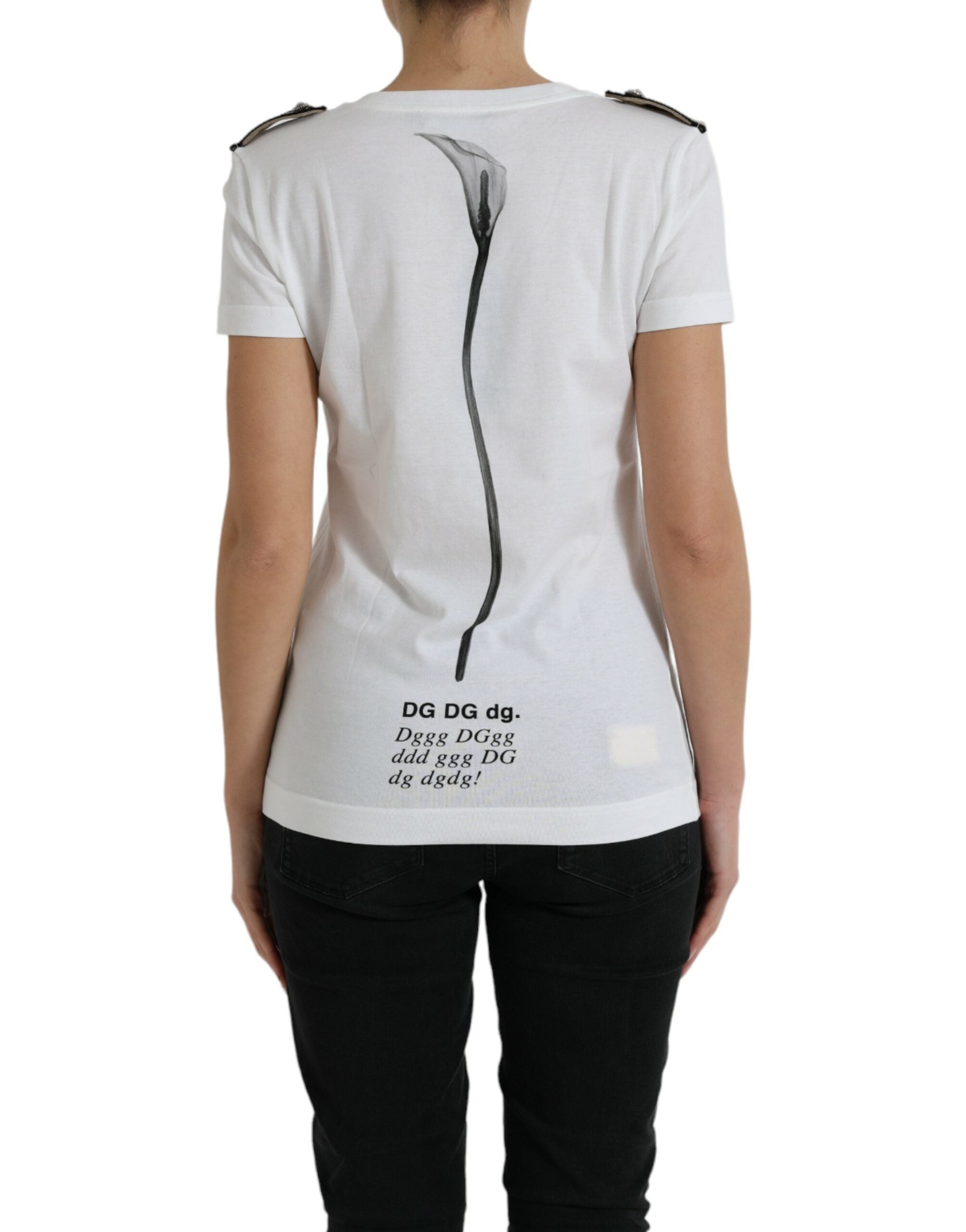 T-shirt en coton blanc et noir avec roses, style crewneck, de la marque Dolce & Gabbana, visible en détail.
