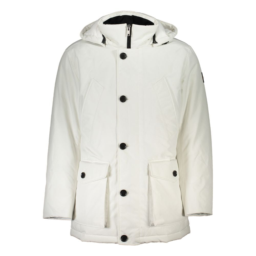 Veste blanche en élasthanne de la marque Hugo Boss, coupe élégante avec détails modernes, vue de face.