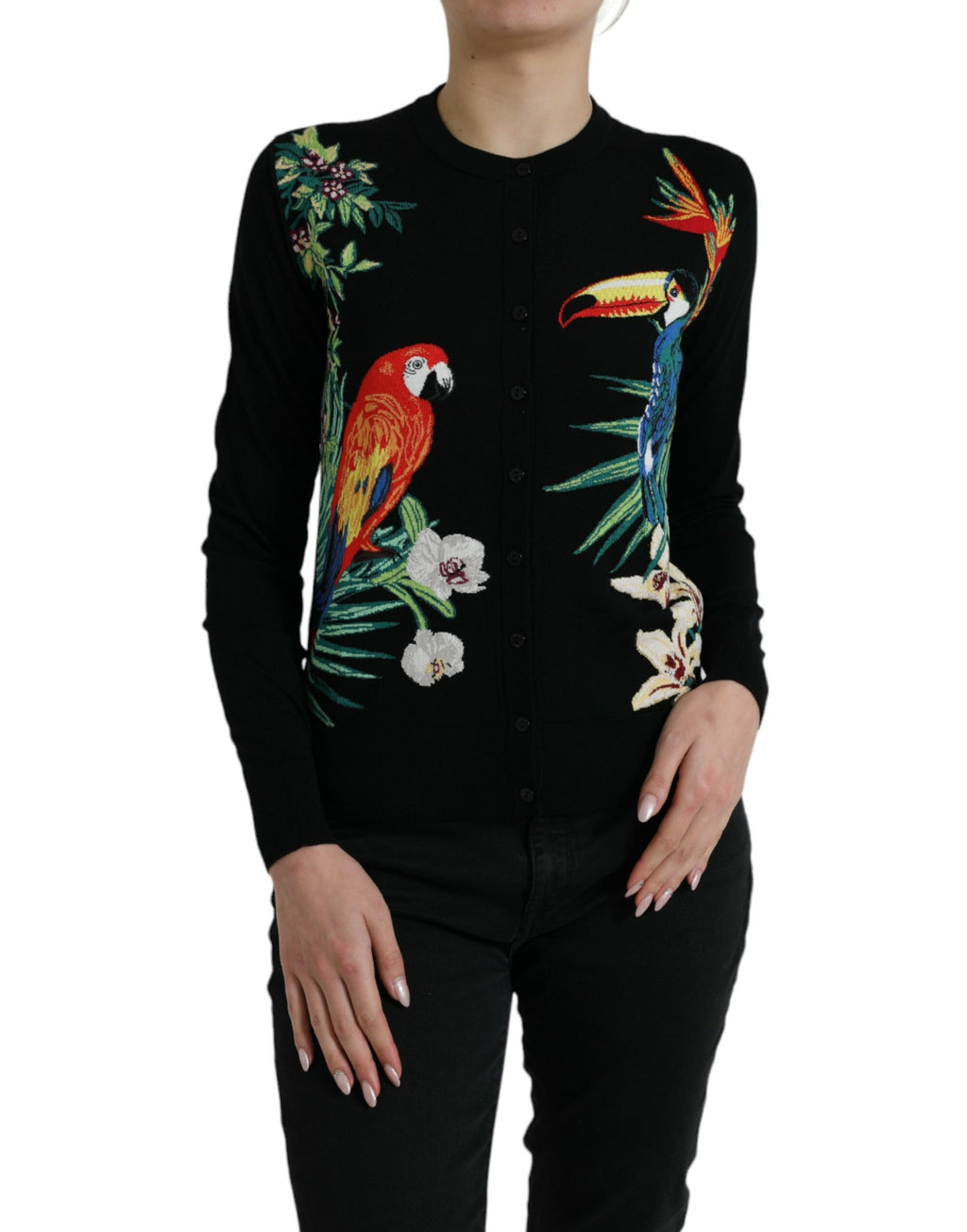 Cardigan en laine noir Dolce & Gabbana avec motif d'oiseau à manches longues, élégant et chaud.