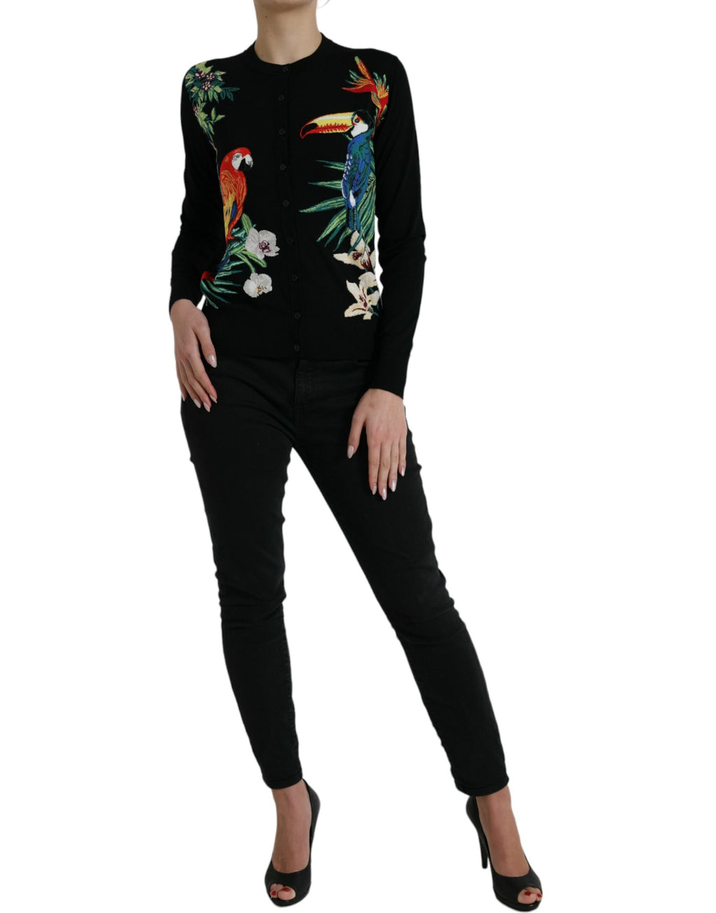 Cardigan en laine noir Dolce & Gabbana avec motif d'oiseau, manches longues et coupe élégante.