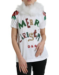 T-shirt blanc en coton Dolce & Gabbana avec sequins de Noël et détails en fourrure, mode festive et élégante