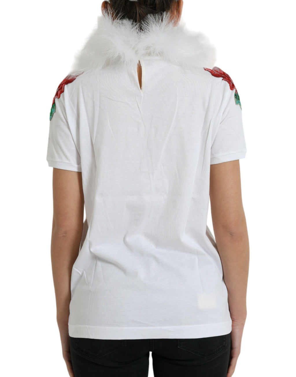 T-shirt en coton blanc Dolce & Gabbana avec sequins de Noël et détails en fourrure, mode festive élégante.