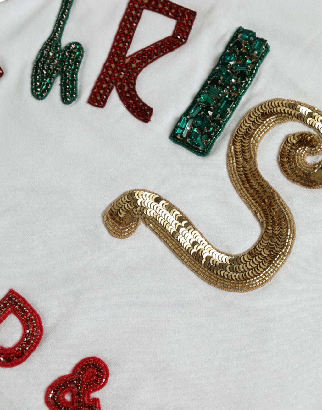 T-shirt blanc en coton Dolce & Gabbana avec sequins de Noël et détails en fourrure, mode élégante pour la saison festive