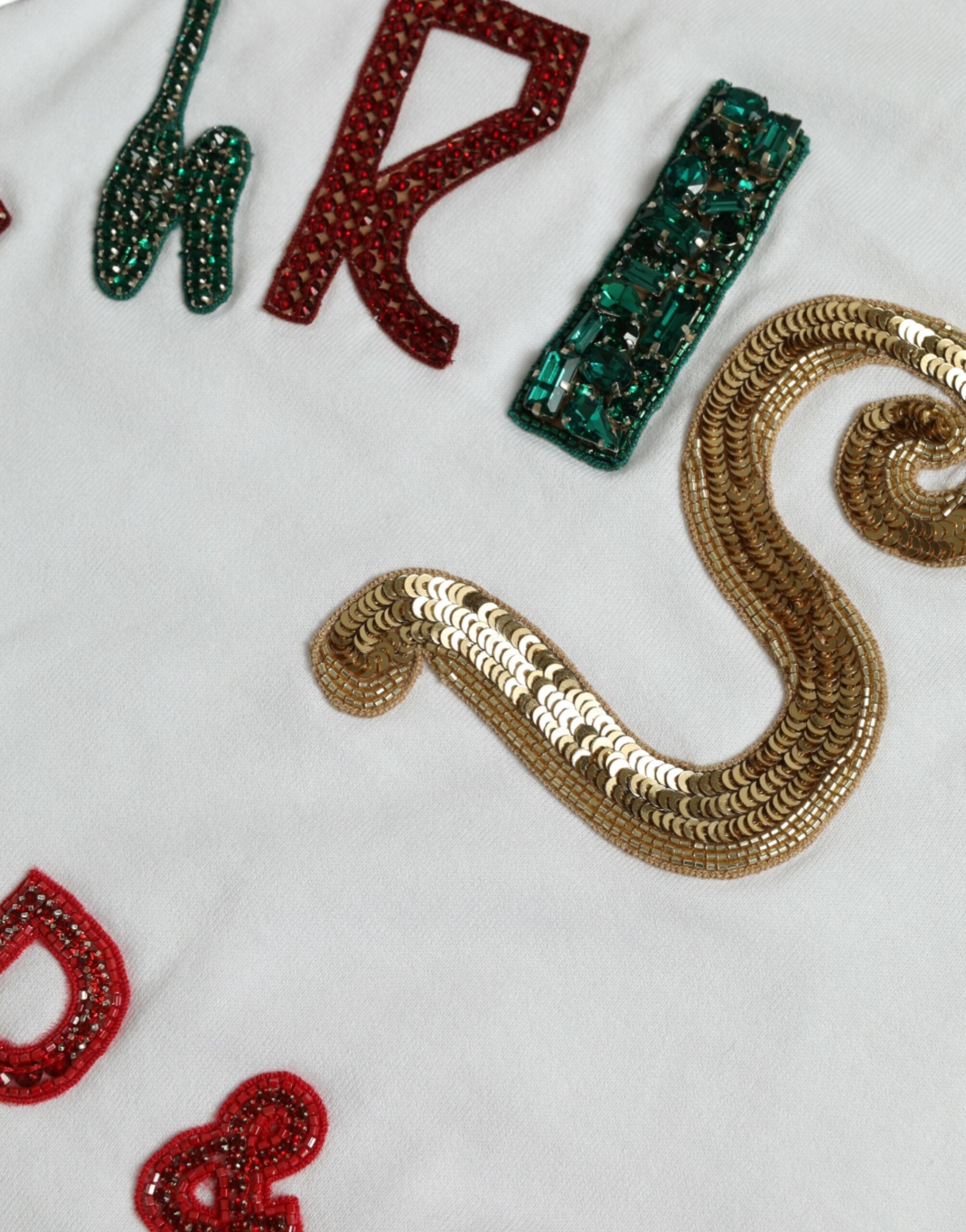 T-shirt blanc en coton Dolce & Gabbana avec sequins de Noël et détails en fourrure, mode élégante pour la saison festive