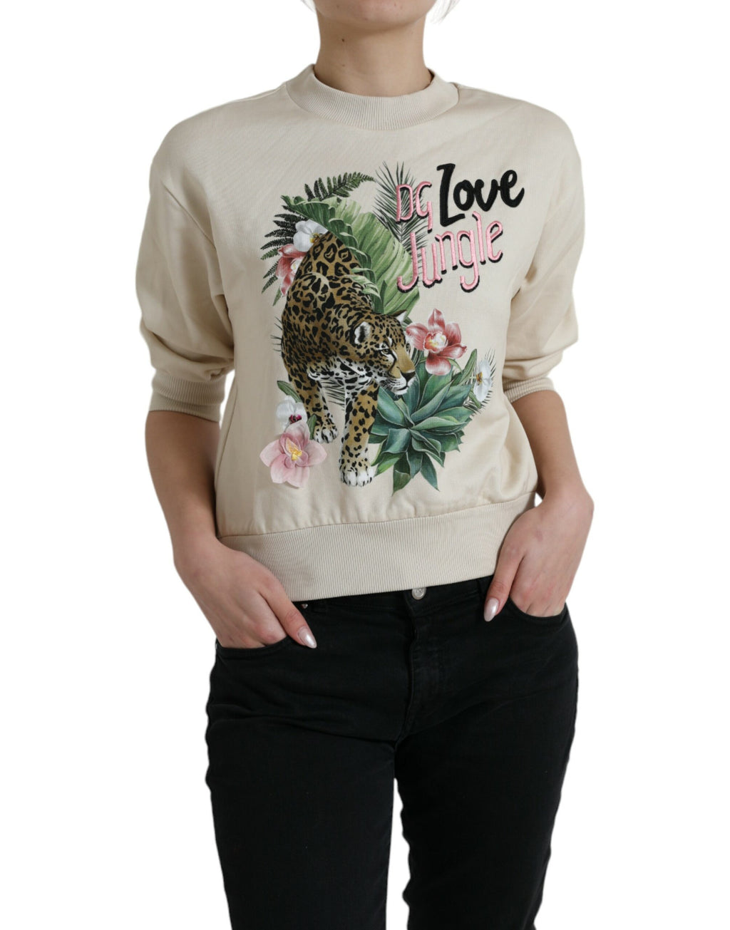 Pull à manches longues Dolce & Gabbana en coton beige avec motif jungle imprimé, élégant et confortable.