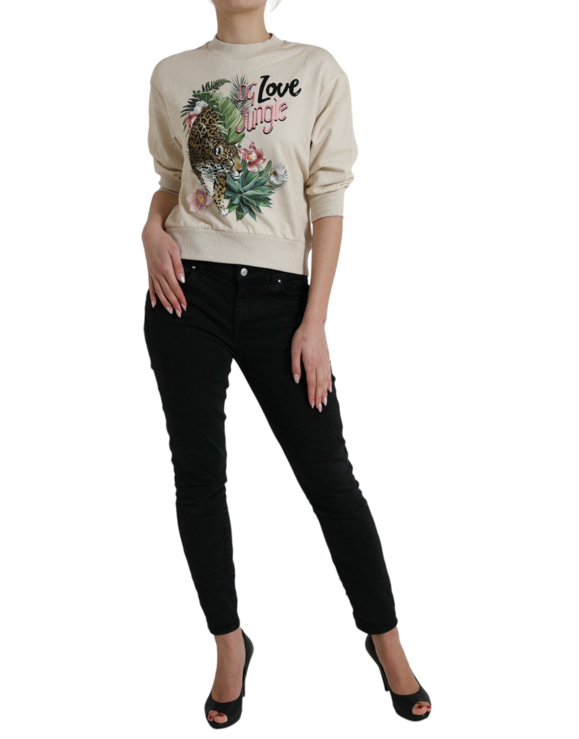 Pull en coton beige Dolce & Gabbana avec motif jungle imprimé, pull-over élégant pour femme.
