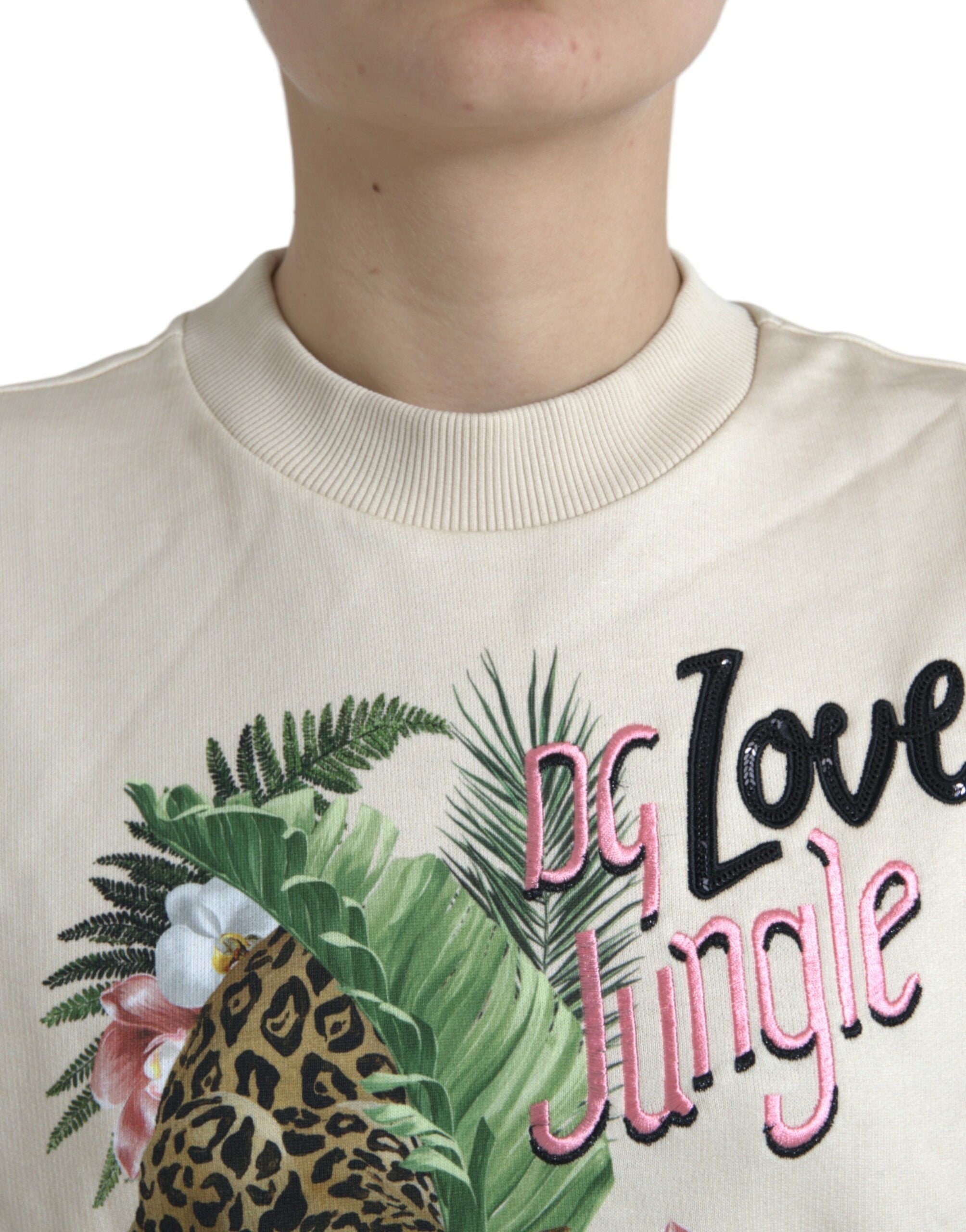 Pull noir Dolce & Gabbana en coton beige avec motif jungle, pull-over élégant et décontracté.
