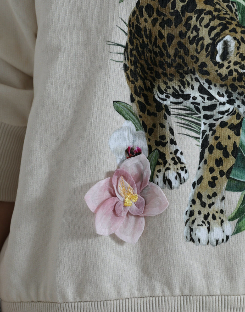 Pull en coton beige Dolce & Gabbana à motif jungle imprimé, sweat-shirt confortable et élégant pour homme.