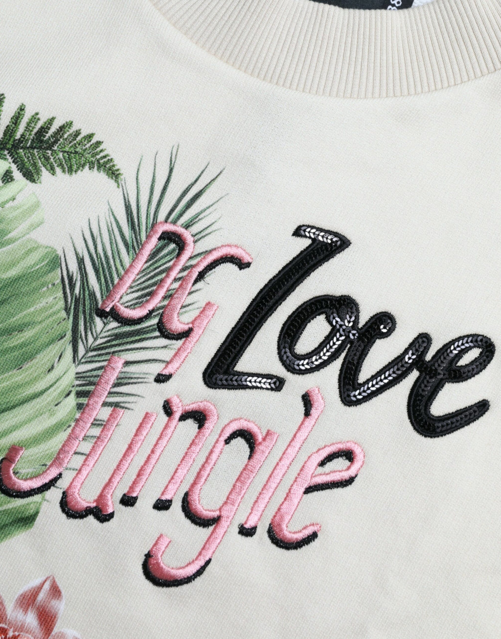 Pull-over en coton beige avec motif jungle imprimé de Dolce & Gabbana, sweat-shirt tendance et confortable.
