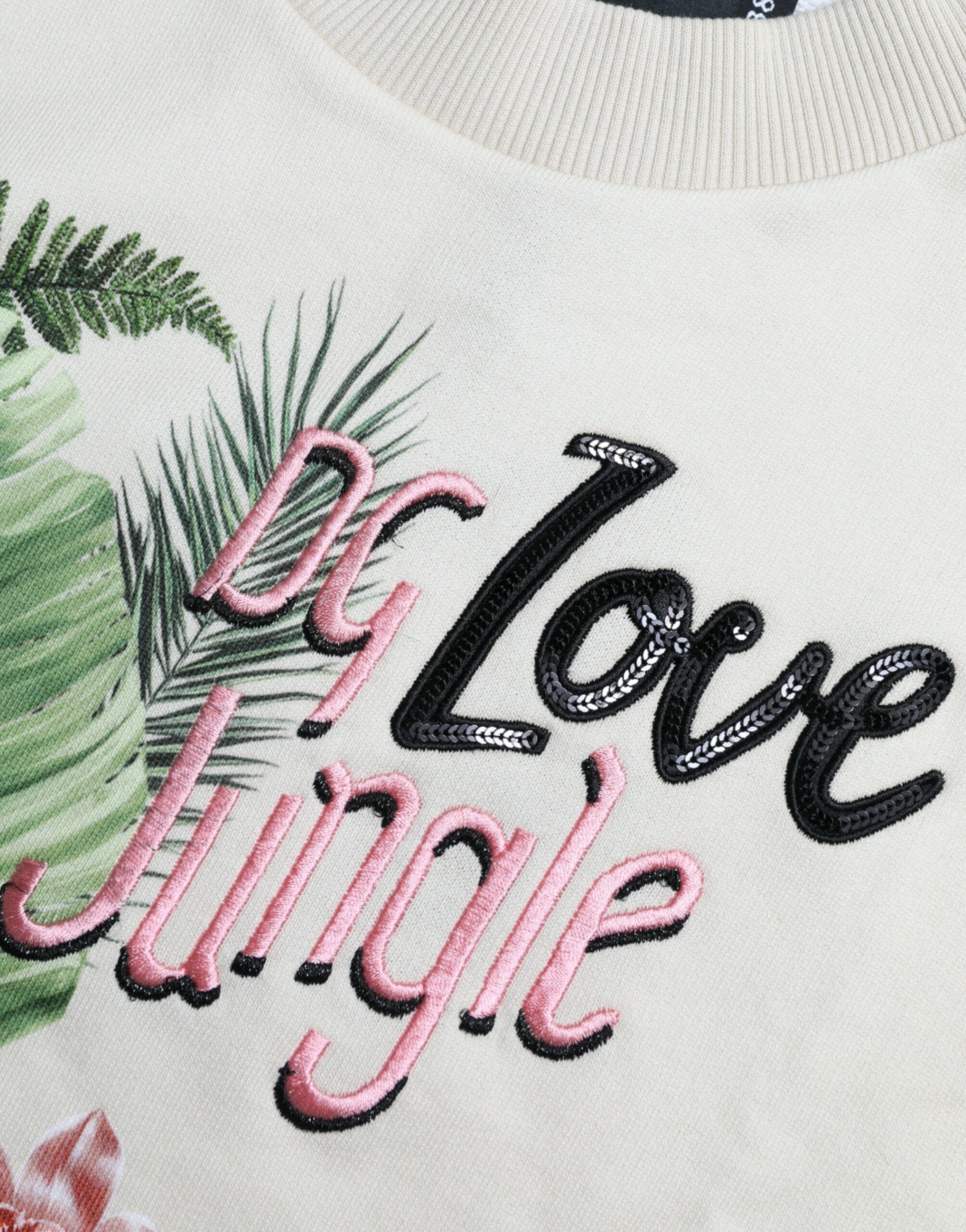 Pull-over en coton beige avec motif jungle imprimé de Dolce & Gabbana, sweat-shirt tendance et confortable.