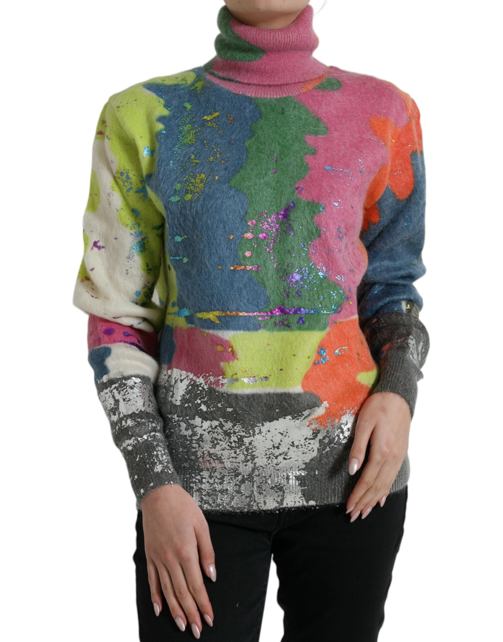 Pull à col roulé multicolore en mohair de Dolce & Gabbana, pull-over élégant avec motifs colorés.