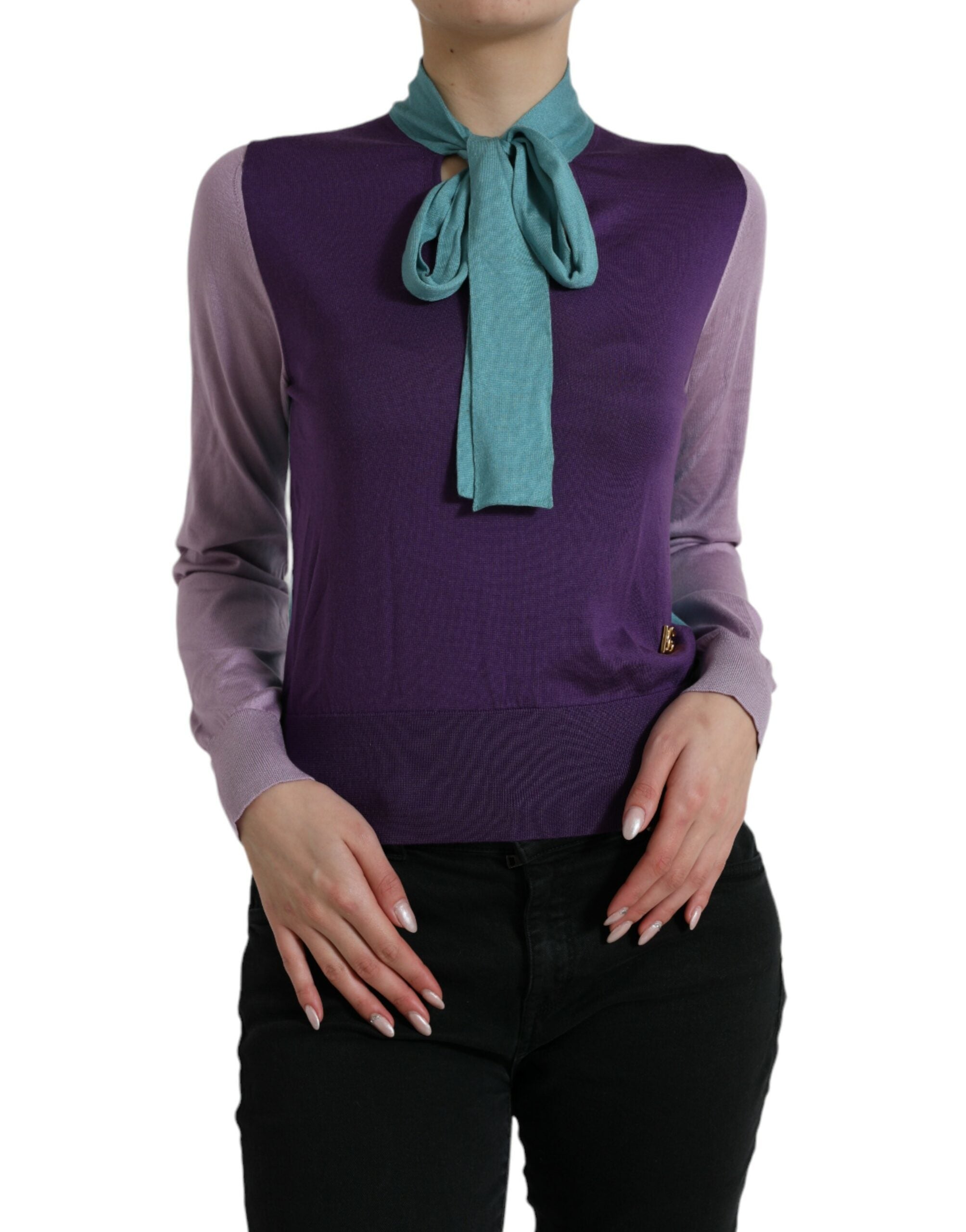 Pull à col rond Dolce & Gabbana multicolore avec nœud de fixation, motif coloré, doux et élégant.