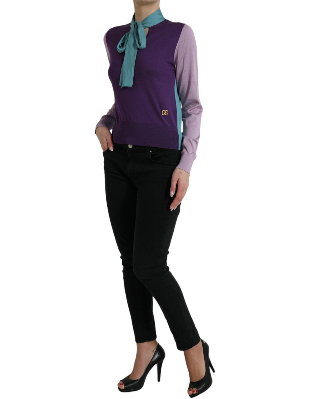 Pull à manches longues Dolce & Gabbana, multicolore avec nœud de fixation, pull en laine à la mode.