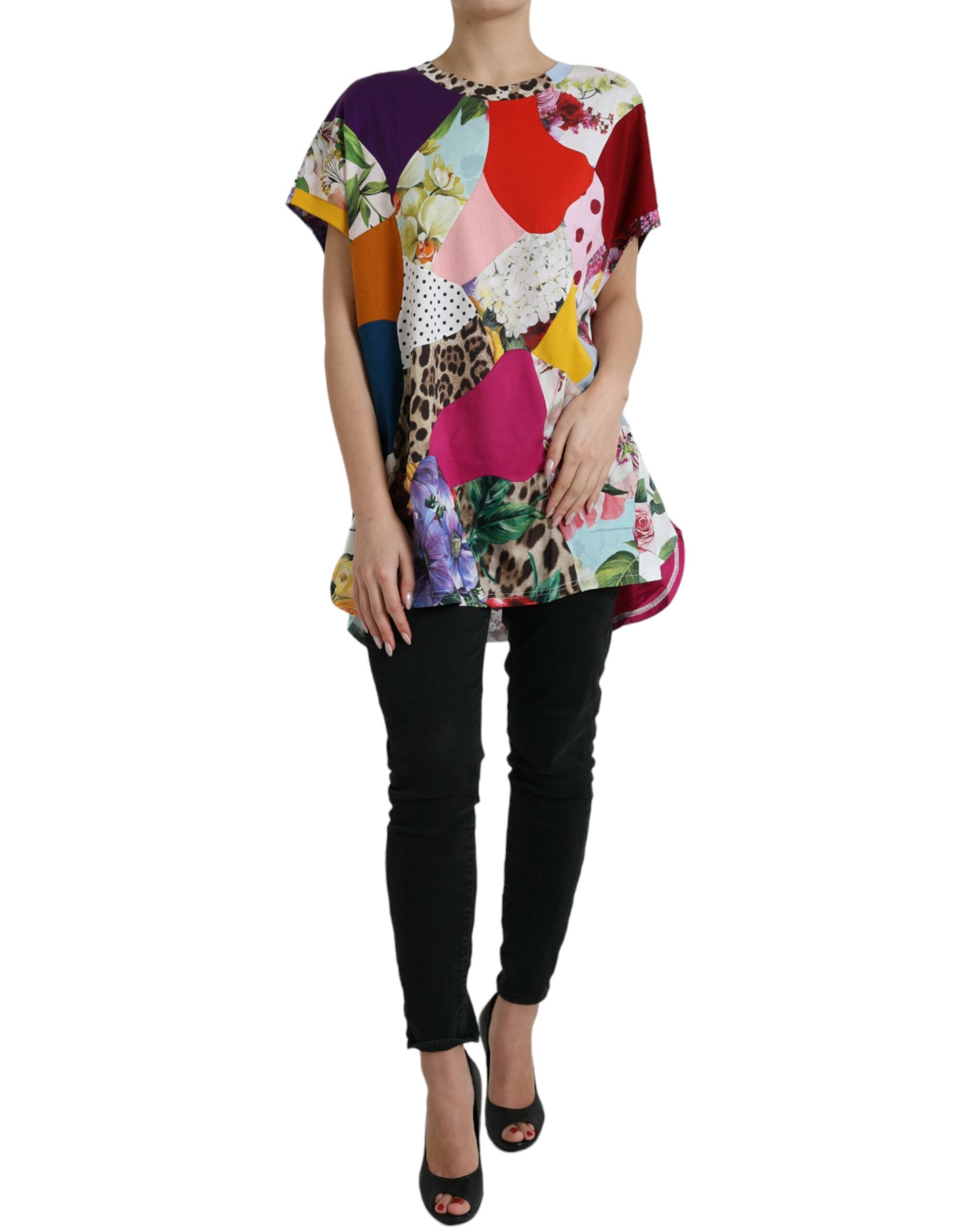 Blouse Dolce & Gabbana en coton et soie à patchworks multicolores, manches longues et coupe élégante.
