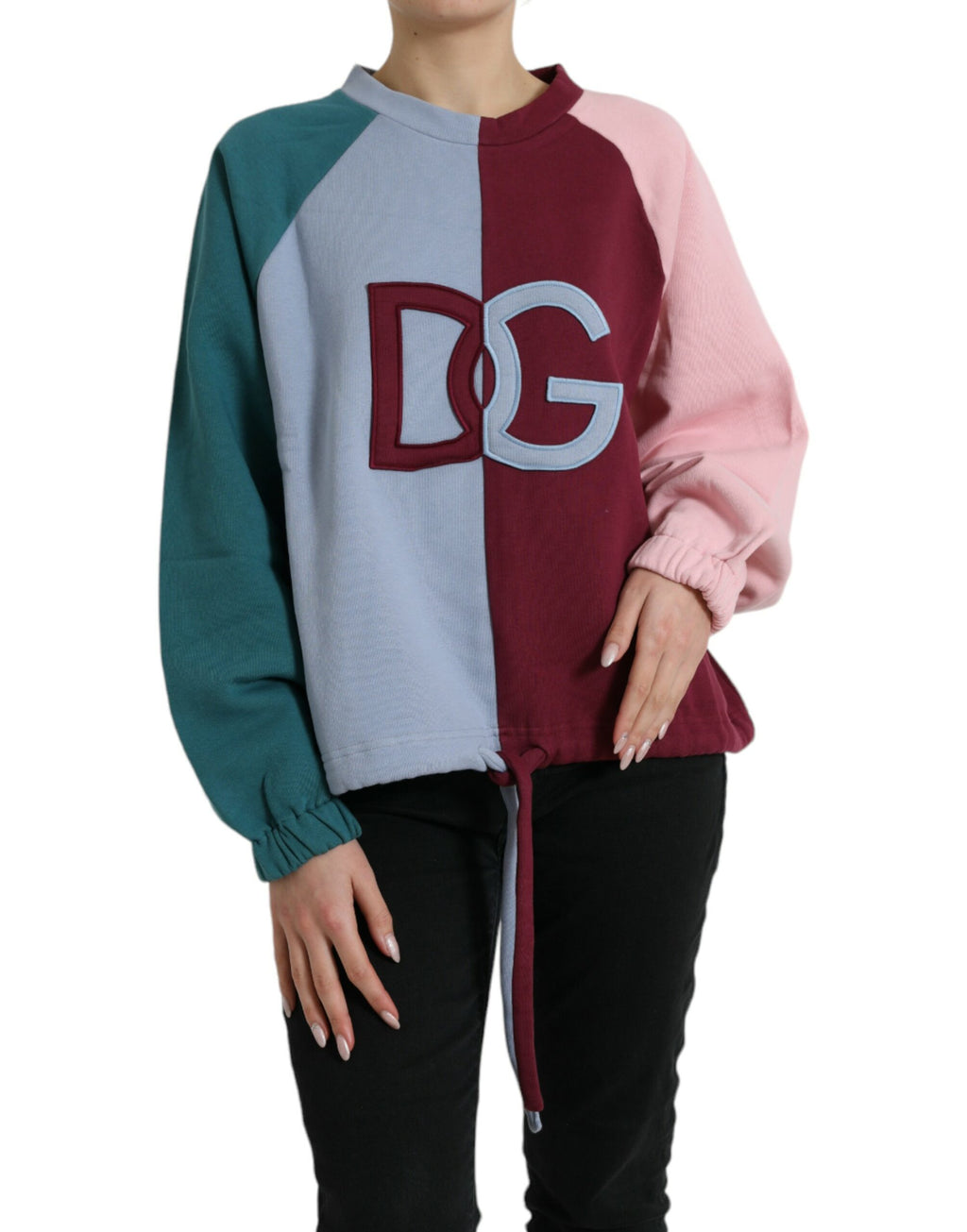 Pull en coton multicolore Dolce & Gabbana avec col rond, vue de face, mettant en valeur les couleurs vives et la texture douce.