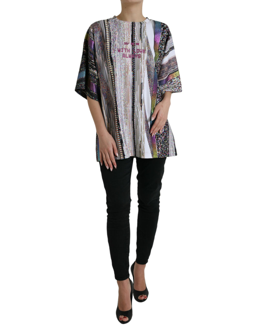 T-shirt Dolce & Gabbana multicolore avec le motif "With Love Always", vue de face, en coton avec impression colorée.