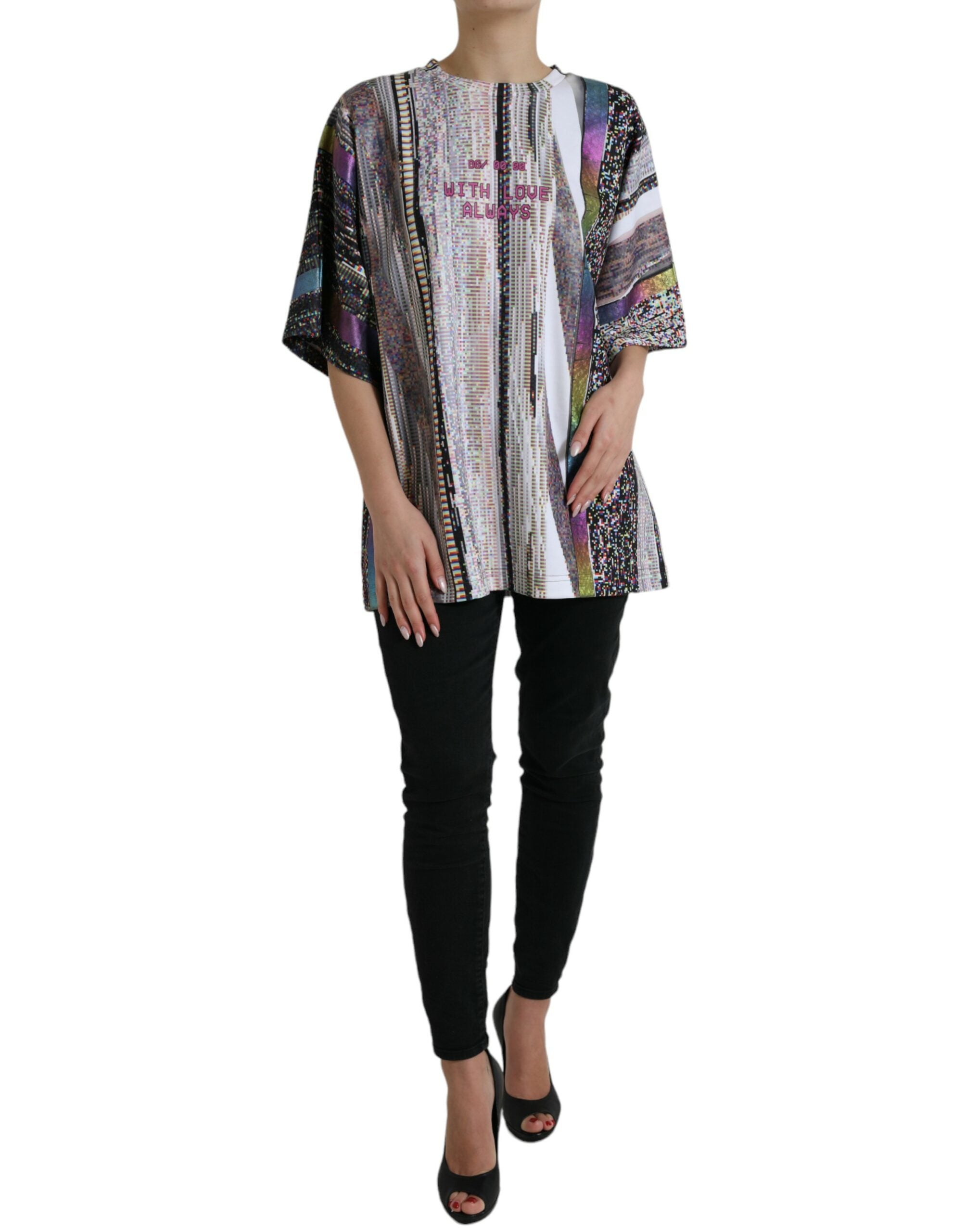 T-shirt Dolce & Gabbana multicolore avec le motif "With Love Always", vue de face, en coton avec impression colorée.