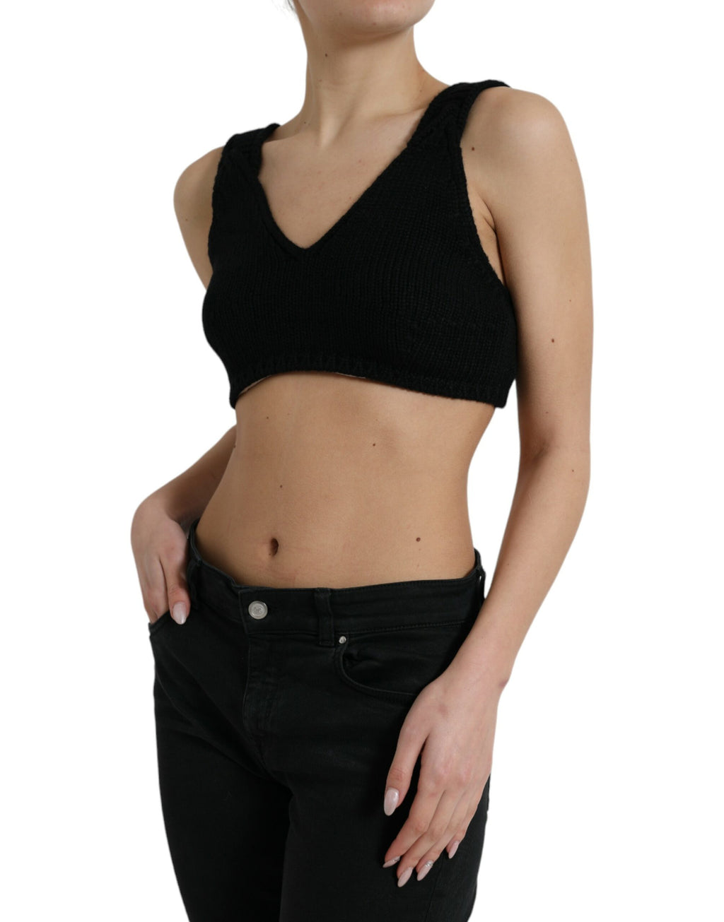 Top bustier noir en cachemire Dolce & Gabbana, coupe courte avec décolleté en V, élégant et confortable.