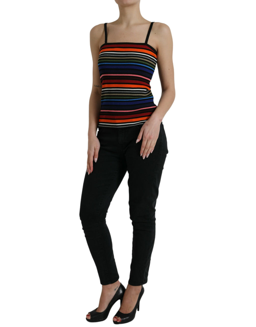 Débardeur Dolce & Gabbana à rayures multicolores avec bretelles spaghetti, style élégant et coloré.