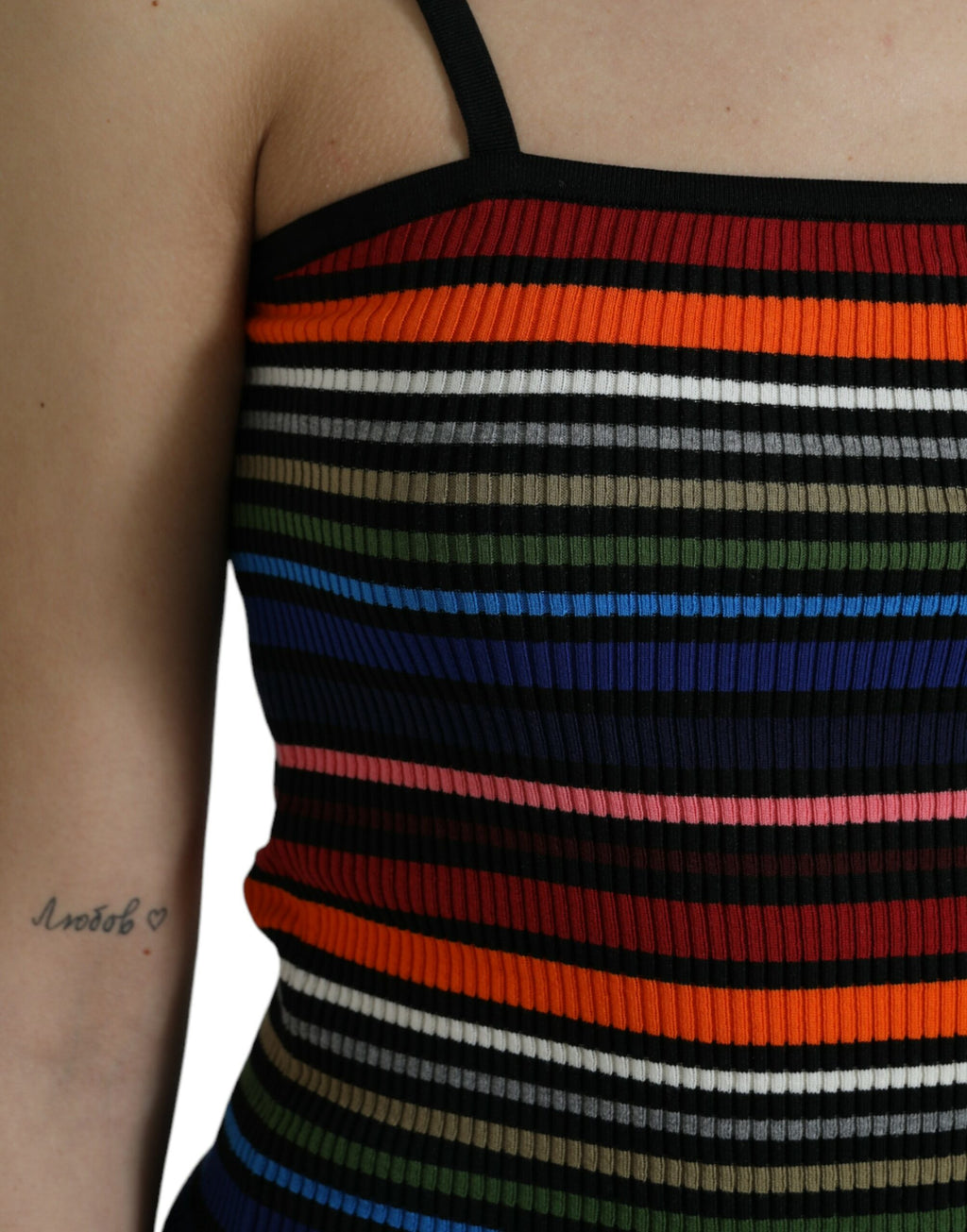 T-shirt femme Dolce & Gabbana à rayures multicolores avec bretelles spaghetti, en coton léger.
