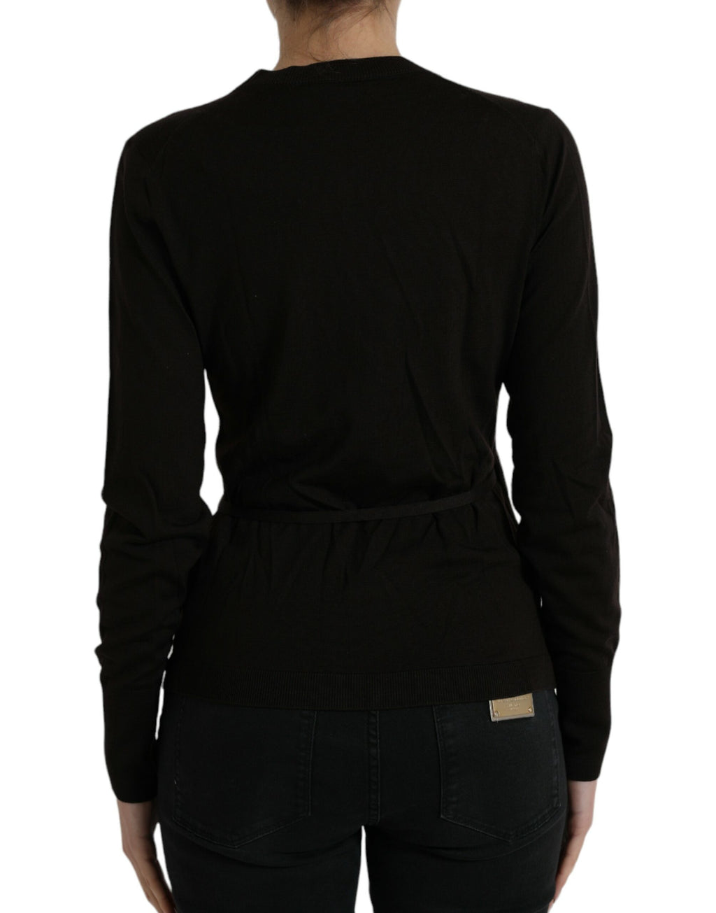 Pull cardigan croisé en laine noire Dolce & Gabbana, col en V et design élégant, visible sur l'image.