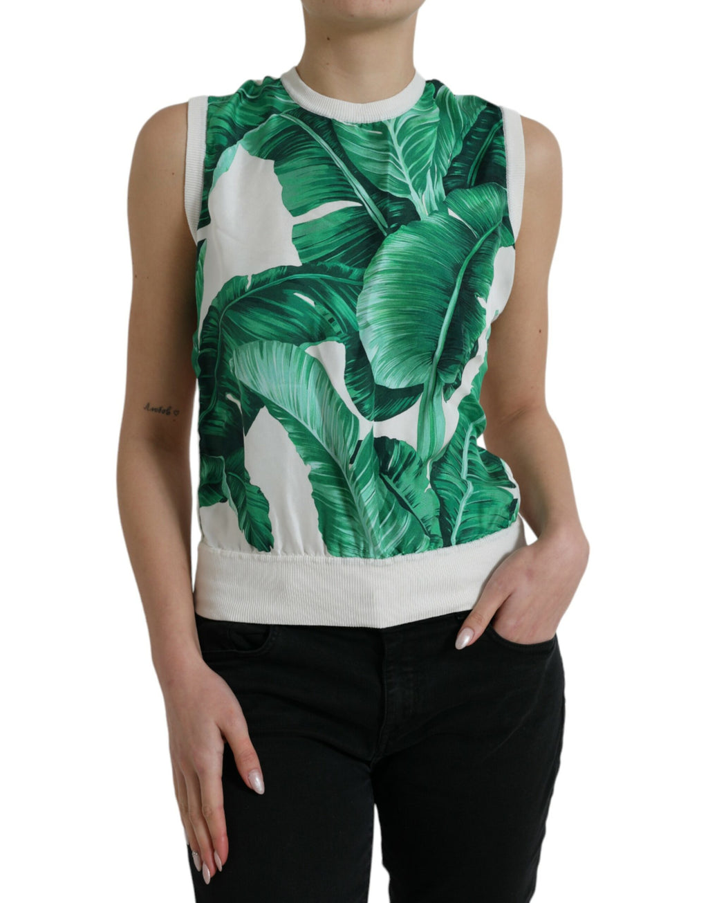 Top sans manches Dolce & Gabbana blanc avec motif de feuilles de bananier, col ras du cou, style décontracté.